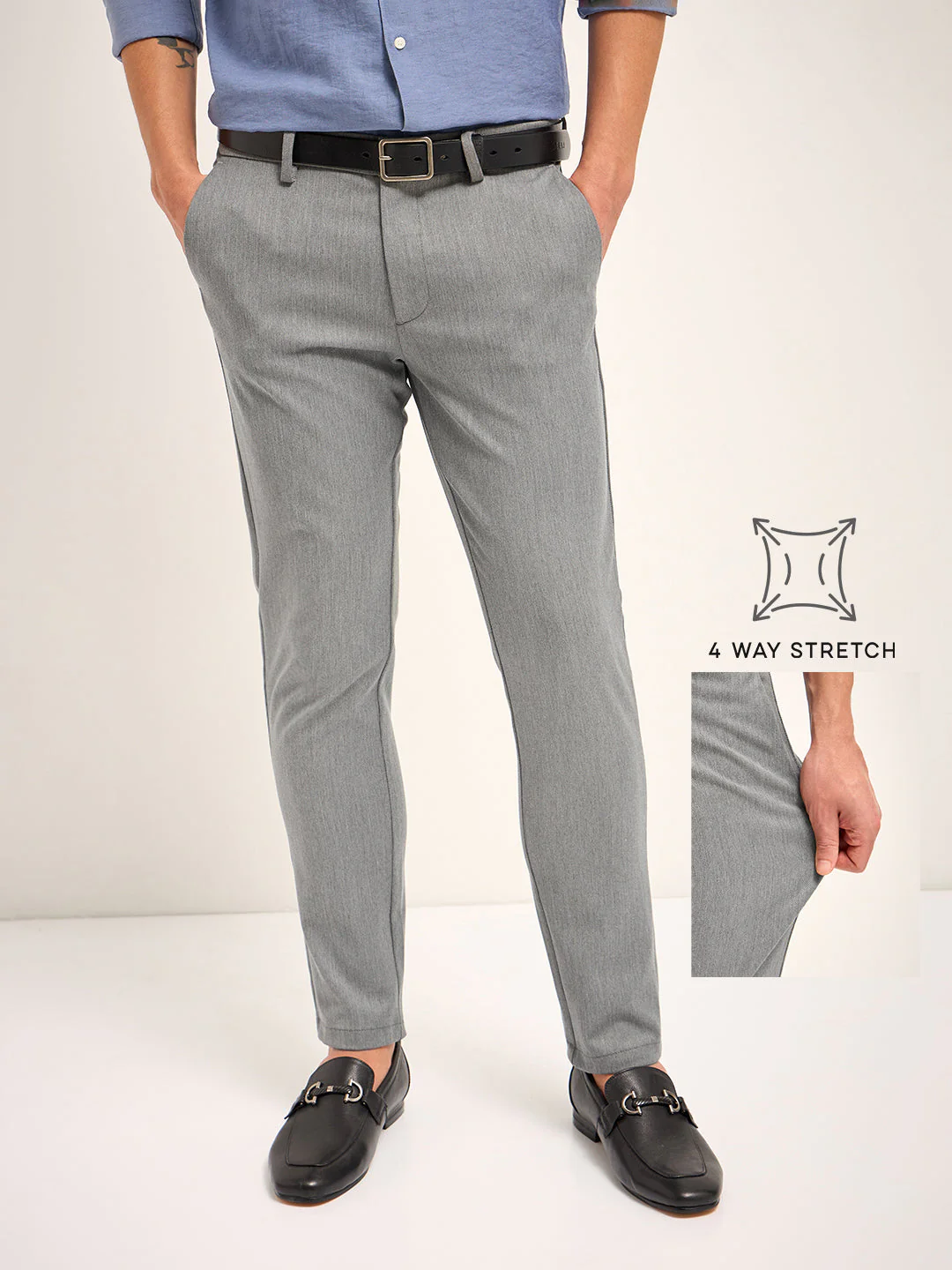 Men Grey Solid 4 Way Stretch Formal Trouser