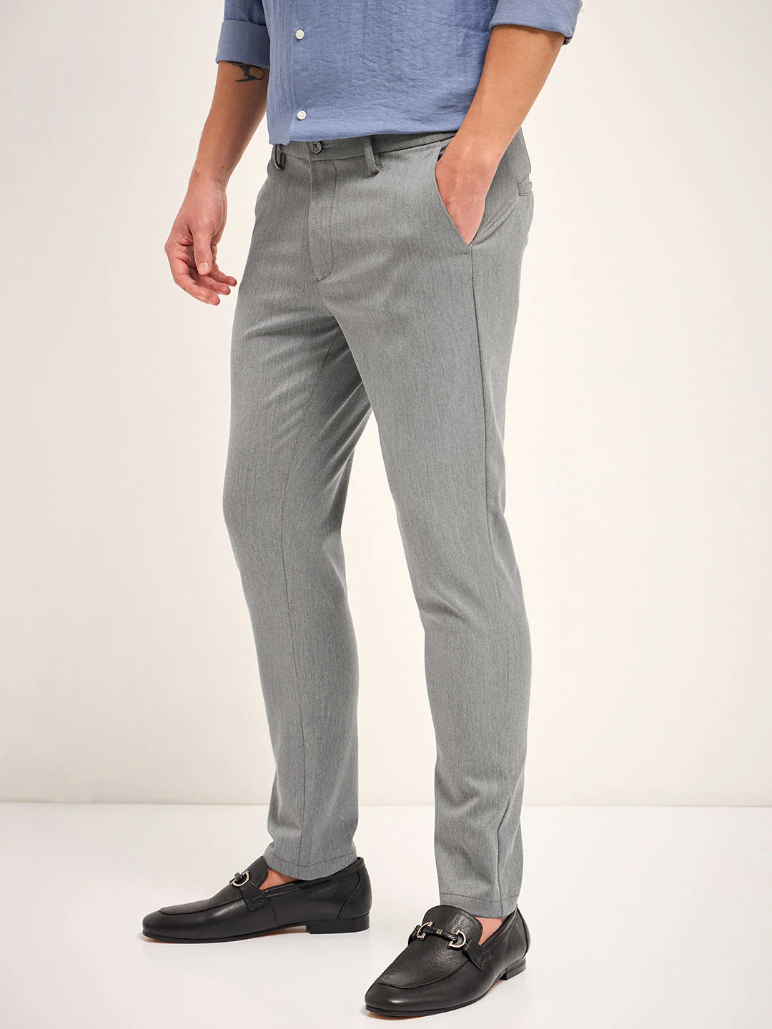 Men Grey Solid 4 Way Stretch Formal Trouser - Image 3