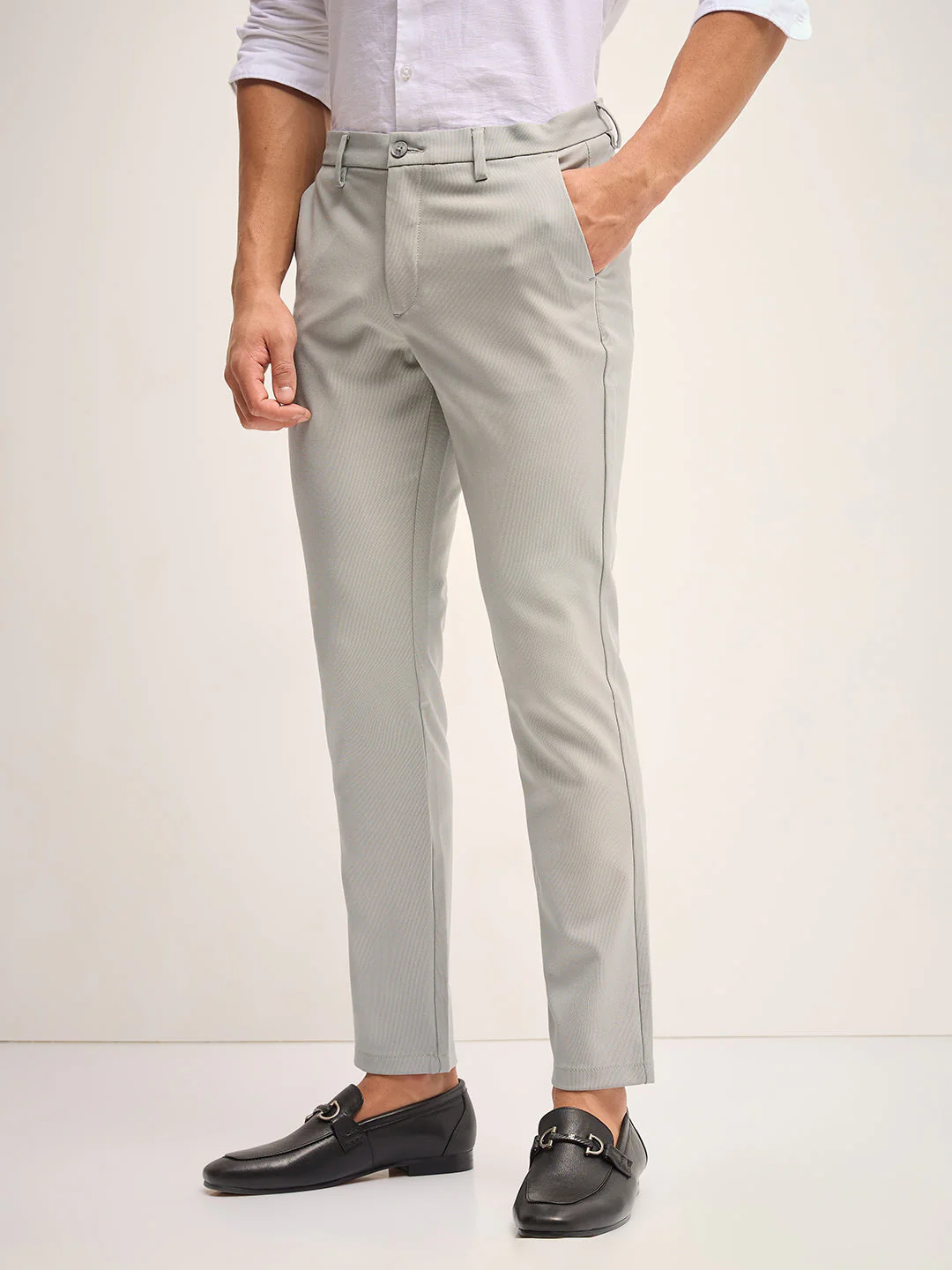 Men Grey Solid 4 Way Stretch Formal Trouser - Image 3