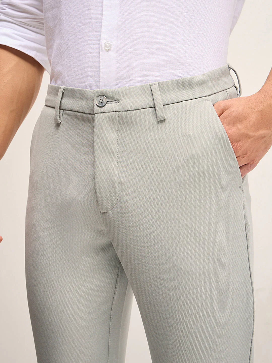 Men Grey Solid 4 Way Stretch Formal Trouser - Image 7