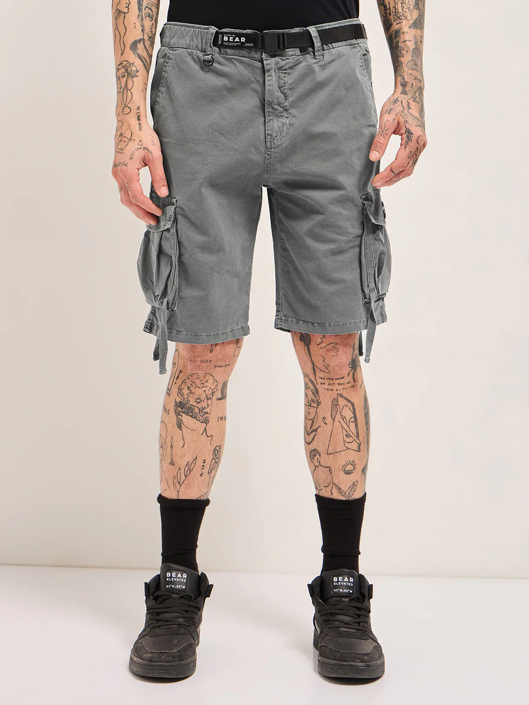 Men Grey Solid Cotton Cargo Shorts - Image 7