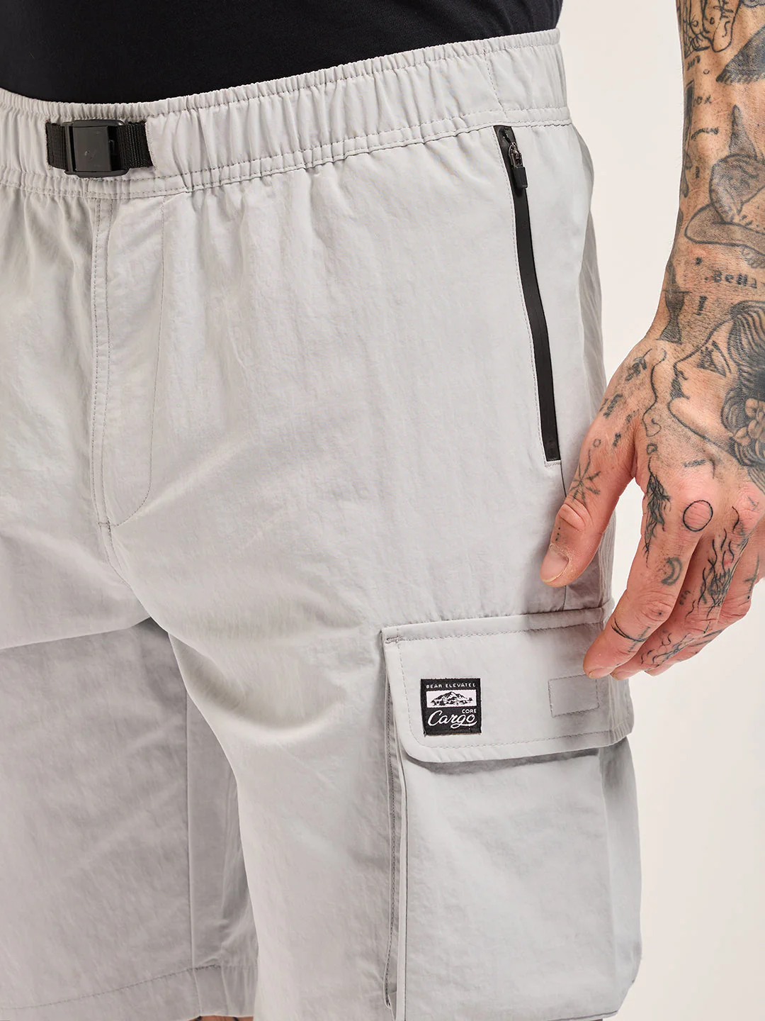 Men Grey Solid Nylon Cargo Shorts - Image 5