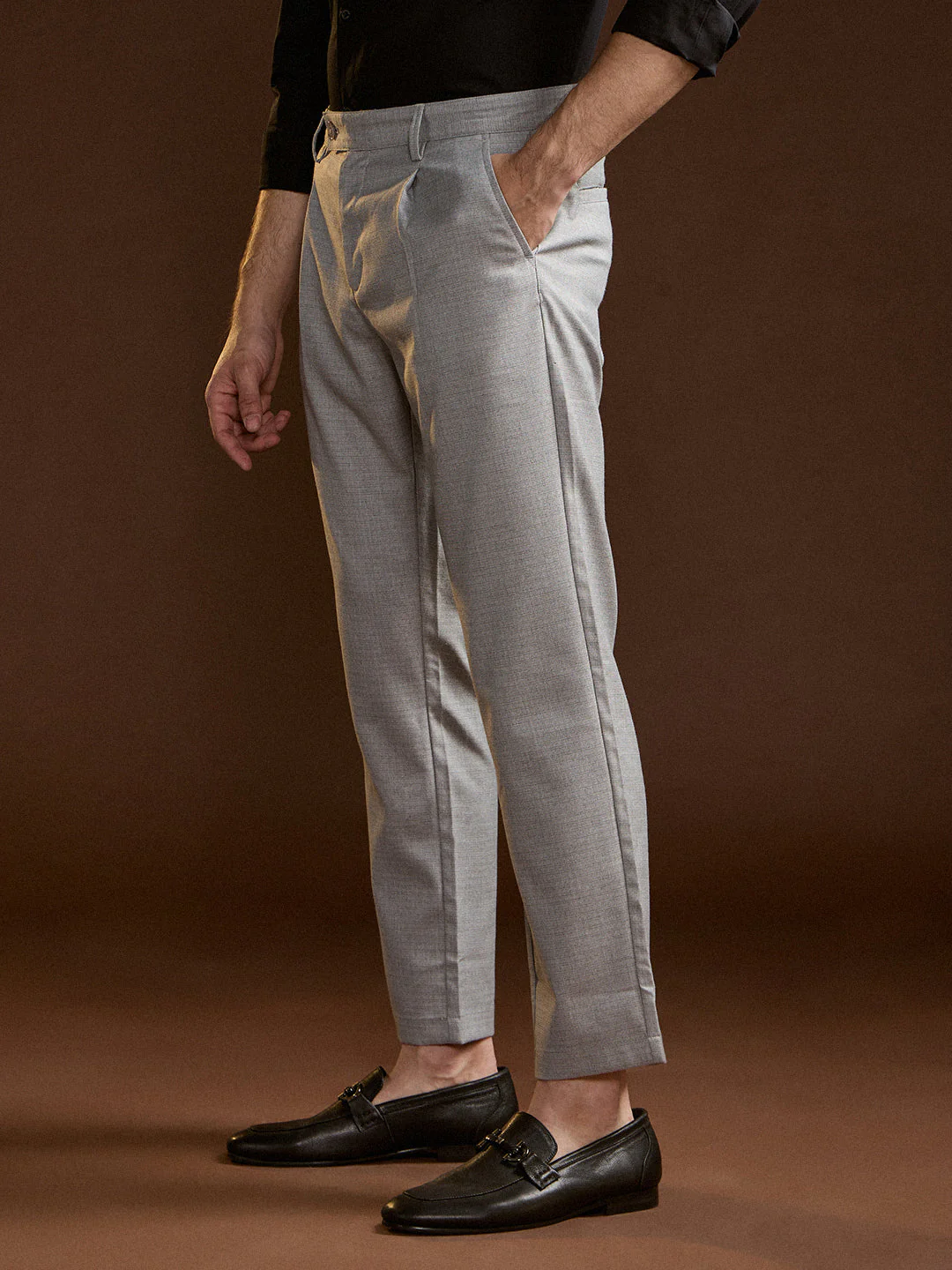 Men Grey Solid Regular Fit Formal Trouser - Image 3