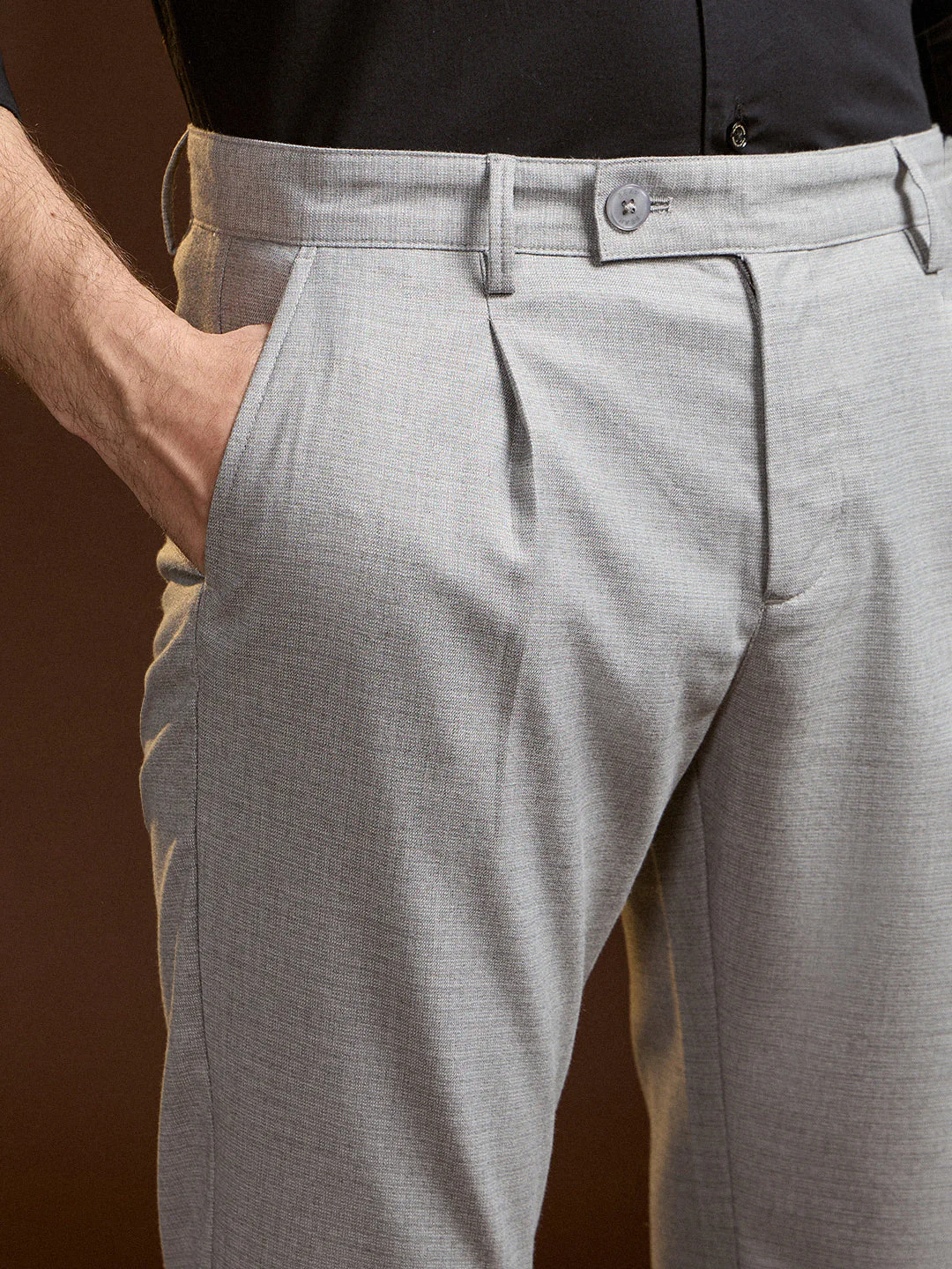 Men Grey Solid Regular Fit Formal Trouser - Image 6