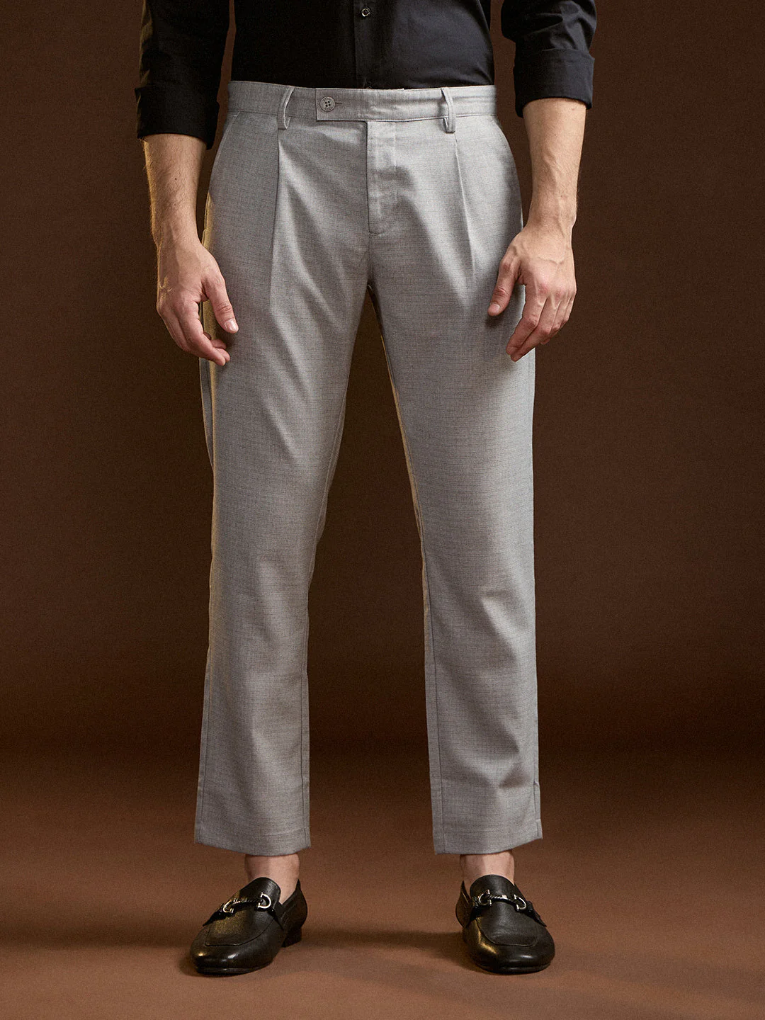 Men Grey Solid Regular Fit Formal Trouser - Image 7