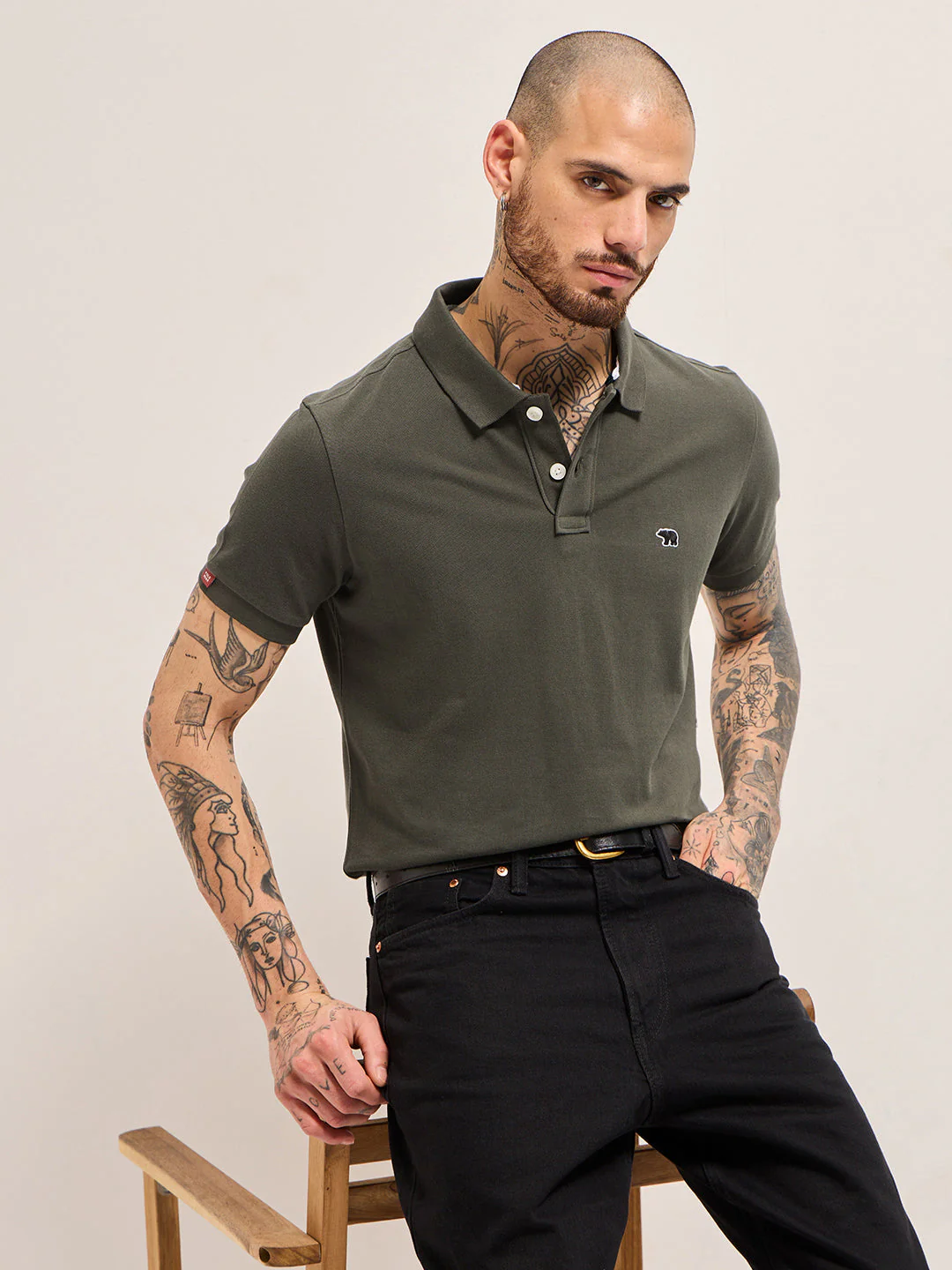 Men Grey Solid Regular Fit Polo