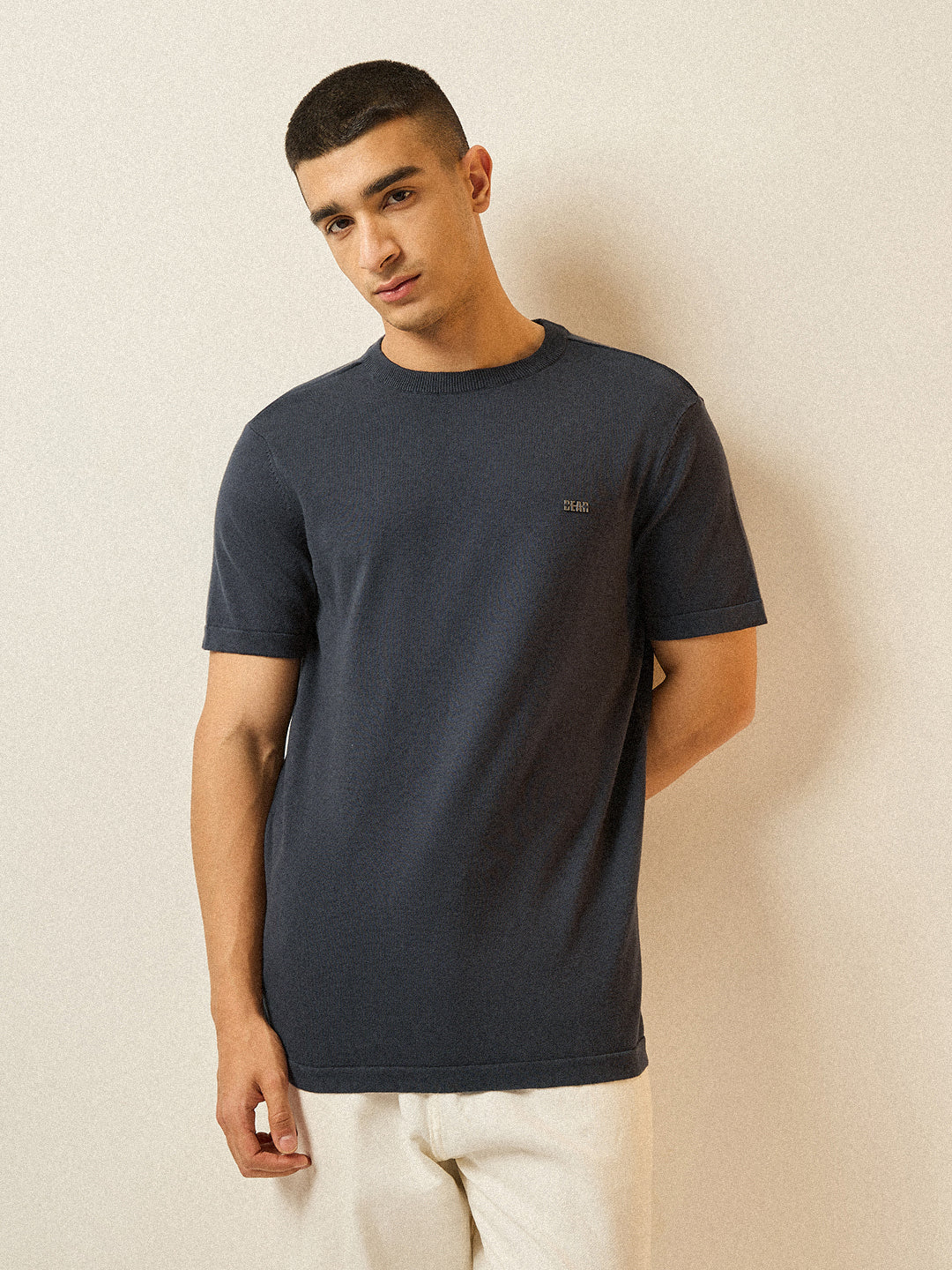 Men Grey Solid Regular Fit Ribbed Crew Neck T-shirt - Image 6