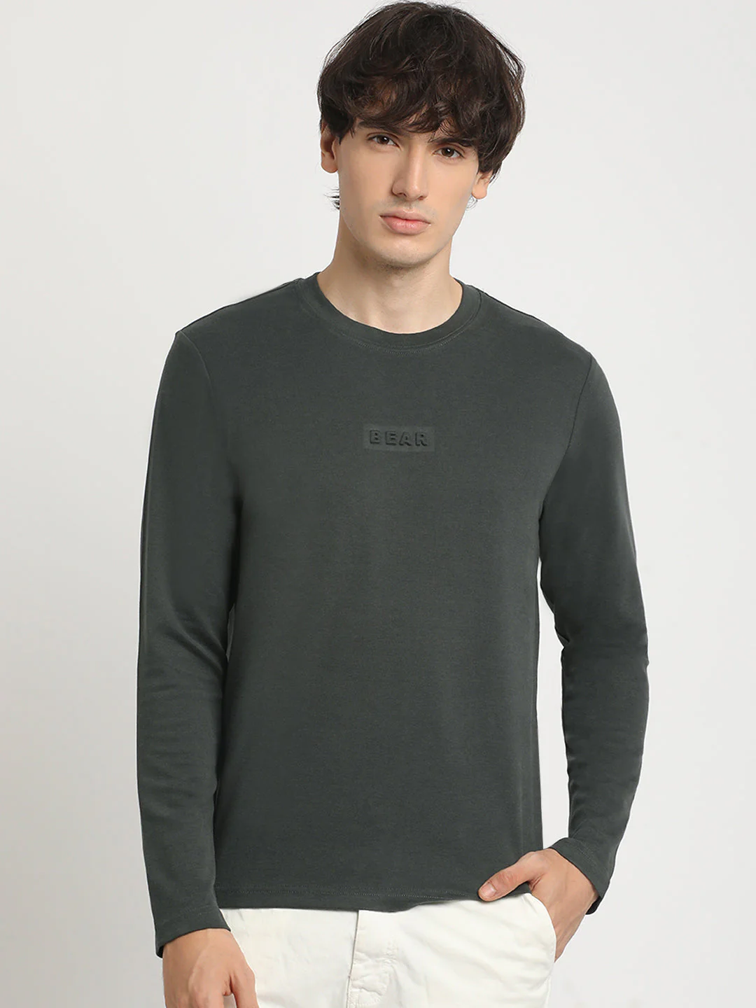 Men Grey Solid Regular Fit Round Neck T-Shirt - Image 2