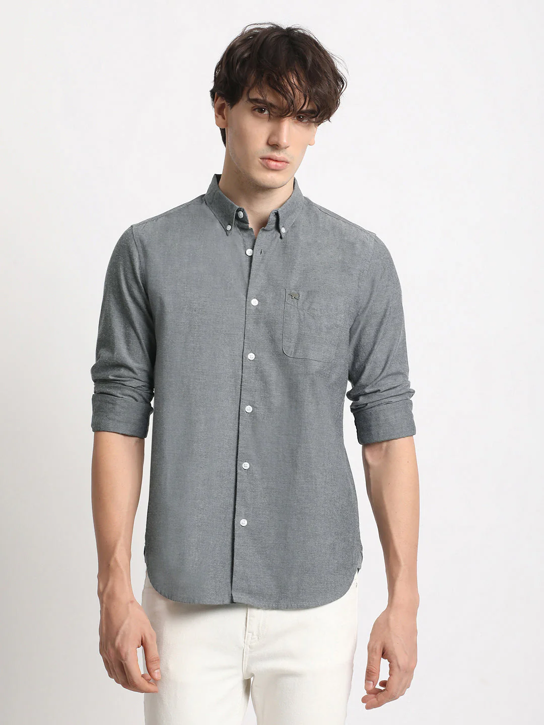 Men  Grey Solid Slim Fit Cotton Casual Shirt - Image 2