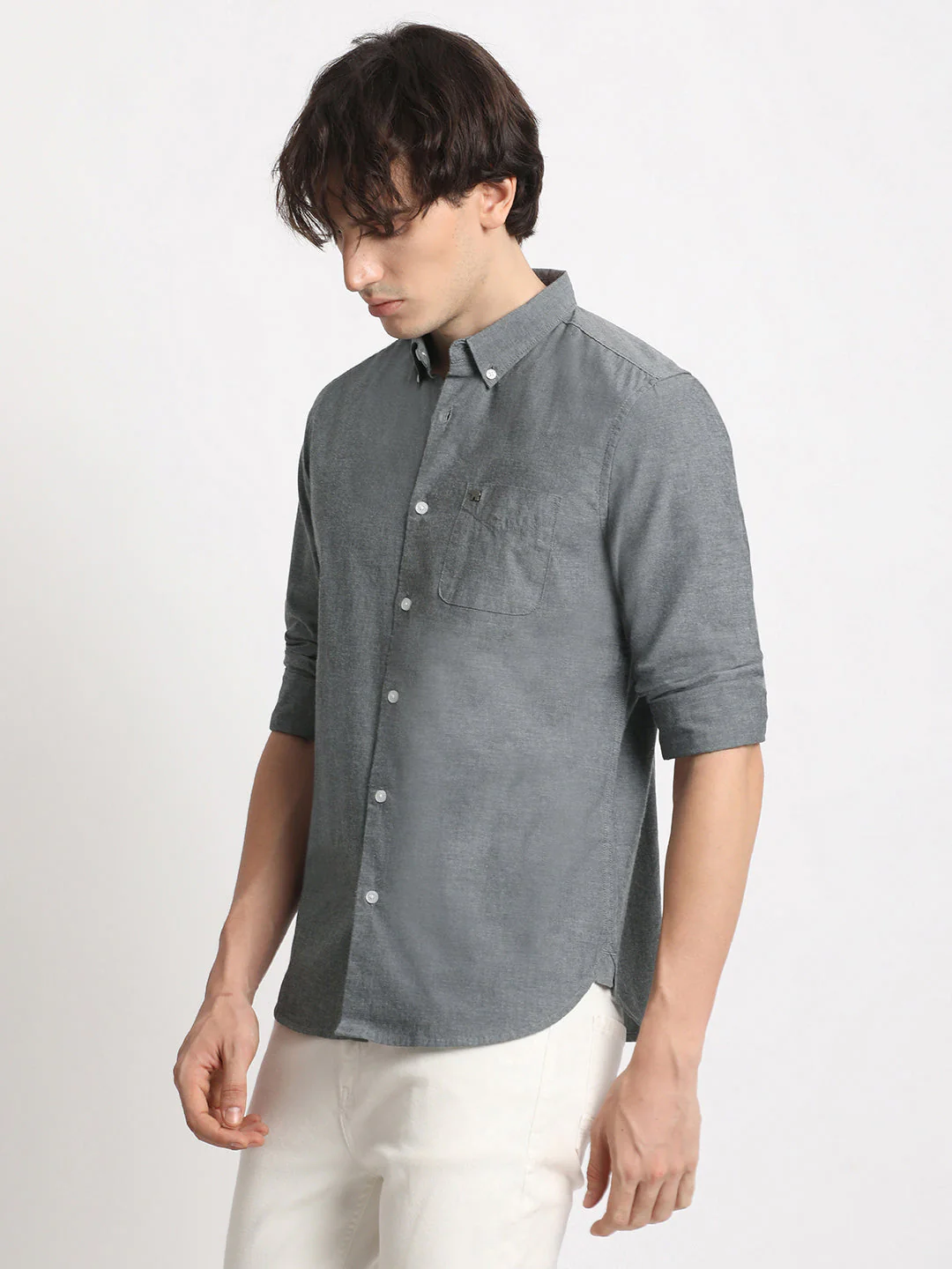 Men  Grey Solid Slim Fit Cotton Casual Shirt - Image 3