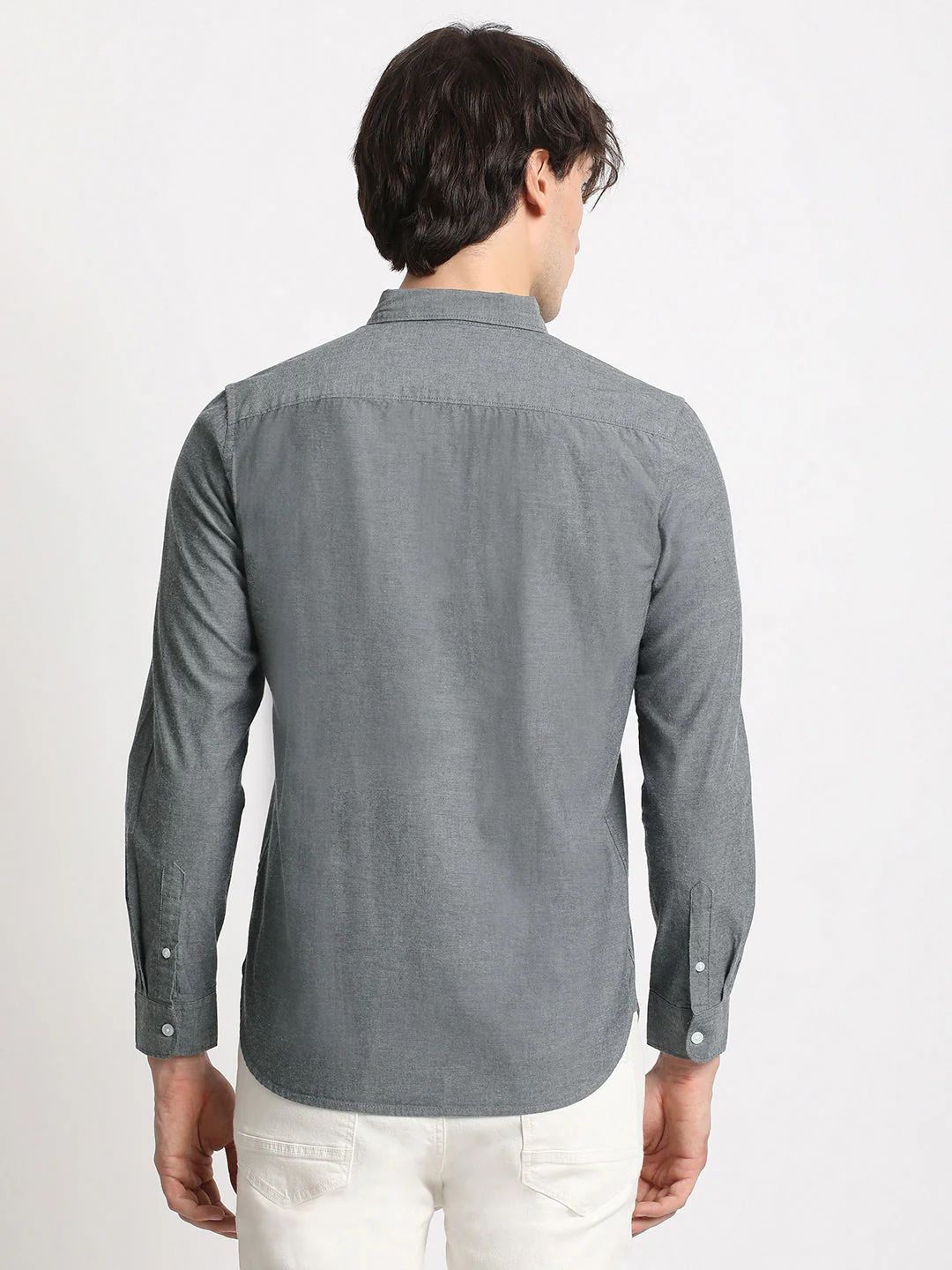 Men  Grey Solid Slim Fit Cotton Casual Shirt - Image 4