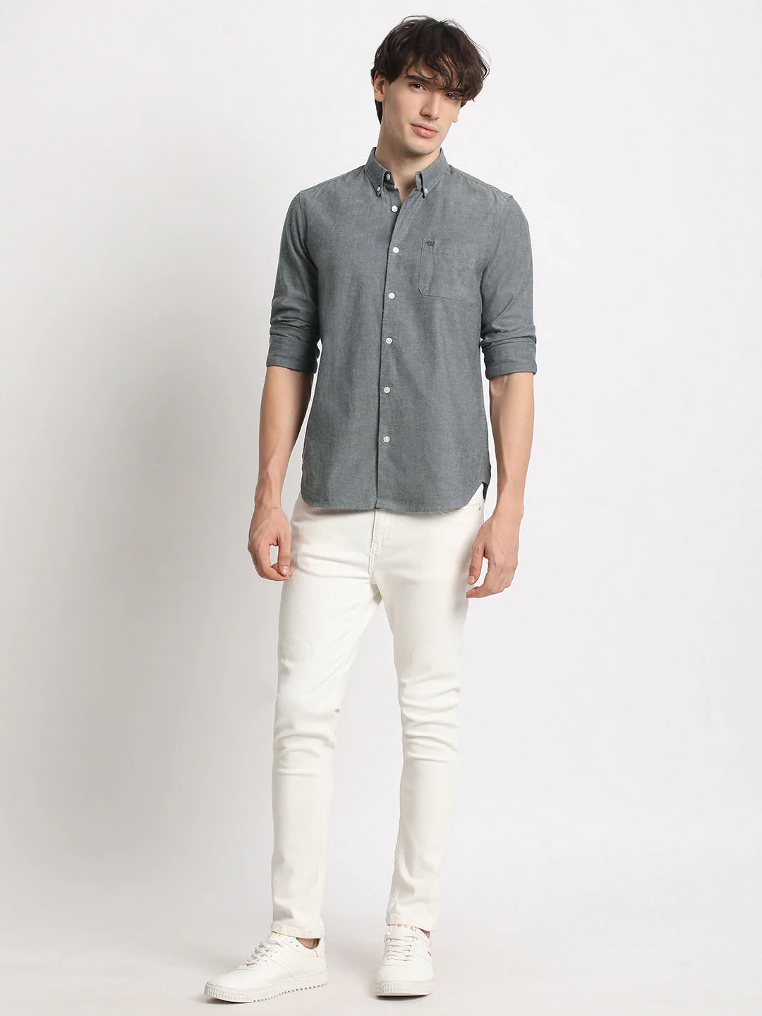 Men  Grey Solid Slim Fit Cotton Casual Shirt - Image 5
