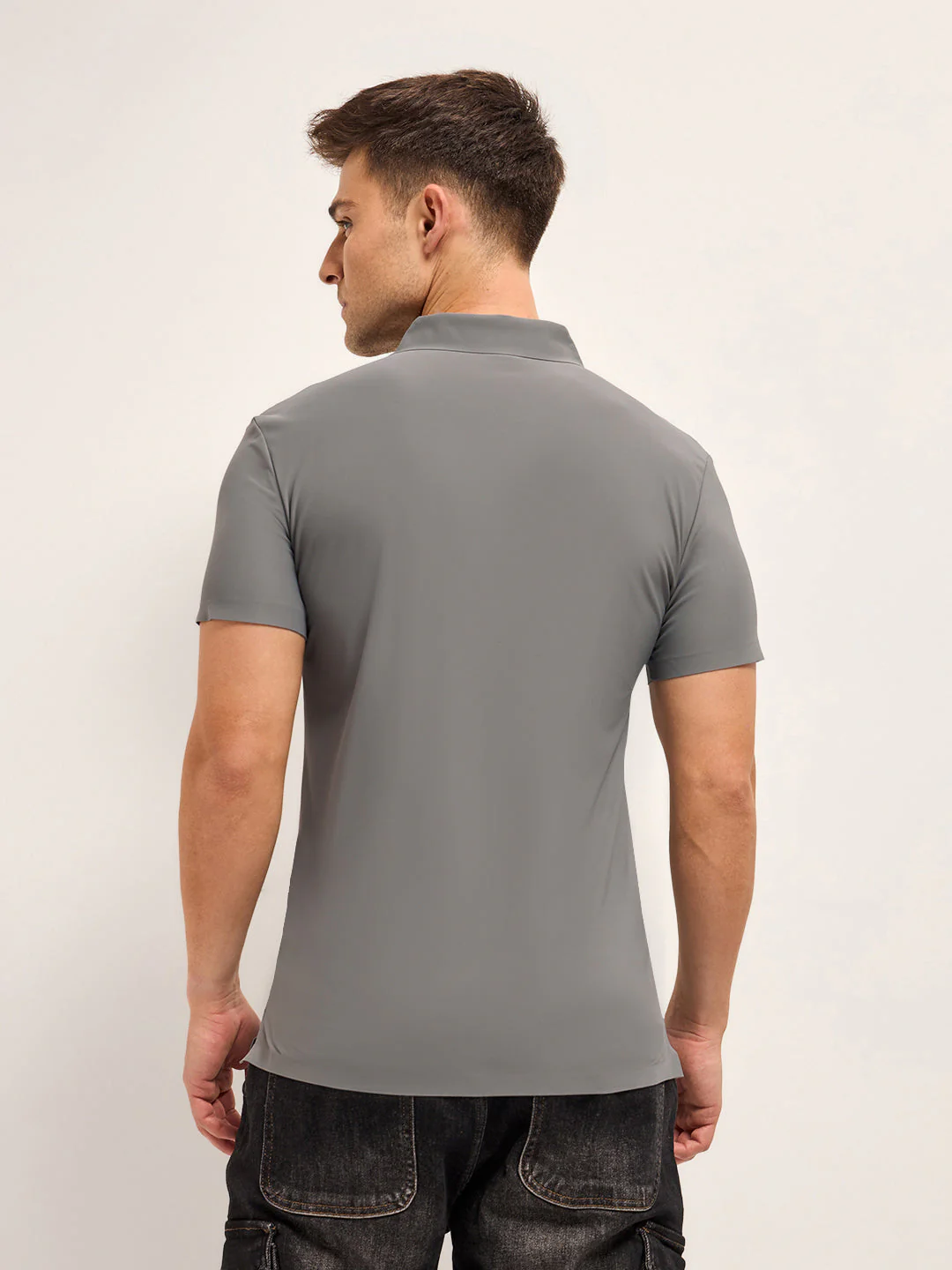 Men Grey Solid Slim Fit Polo T-shirt - Image 2