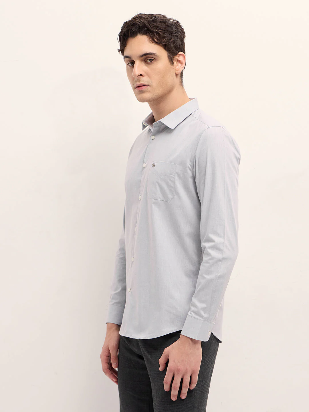 Men Grey Solid Tailored Fit Polyester Blend Formal Shirt - Image 3
