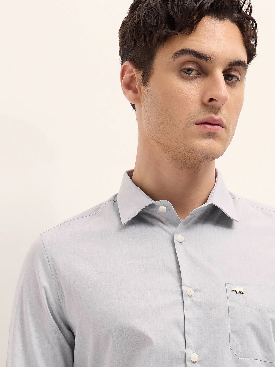 Men Grey Solid Tailored Fit Polyester Blend Formal Shirt - Image 5