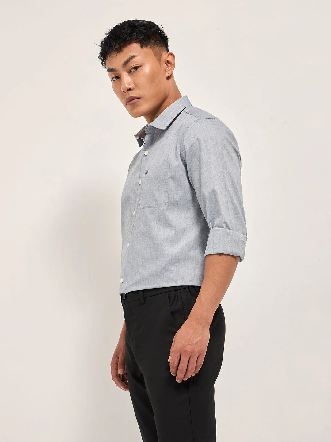 Men Grey Solid Tailored Fit Polyester Blend Formal Shirt - Image 3