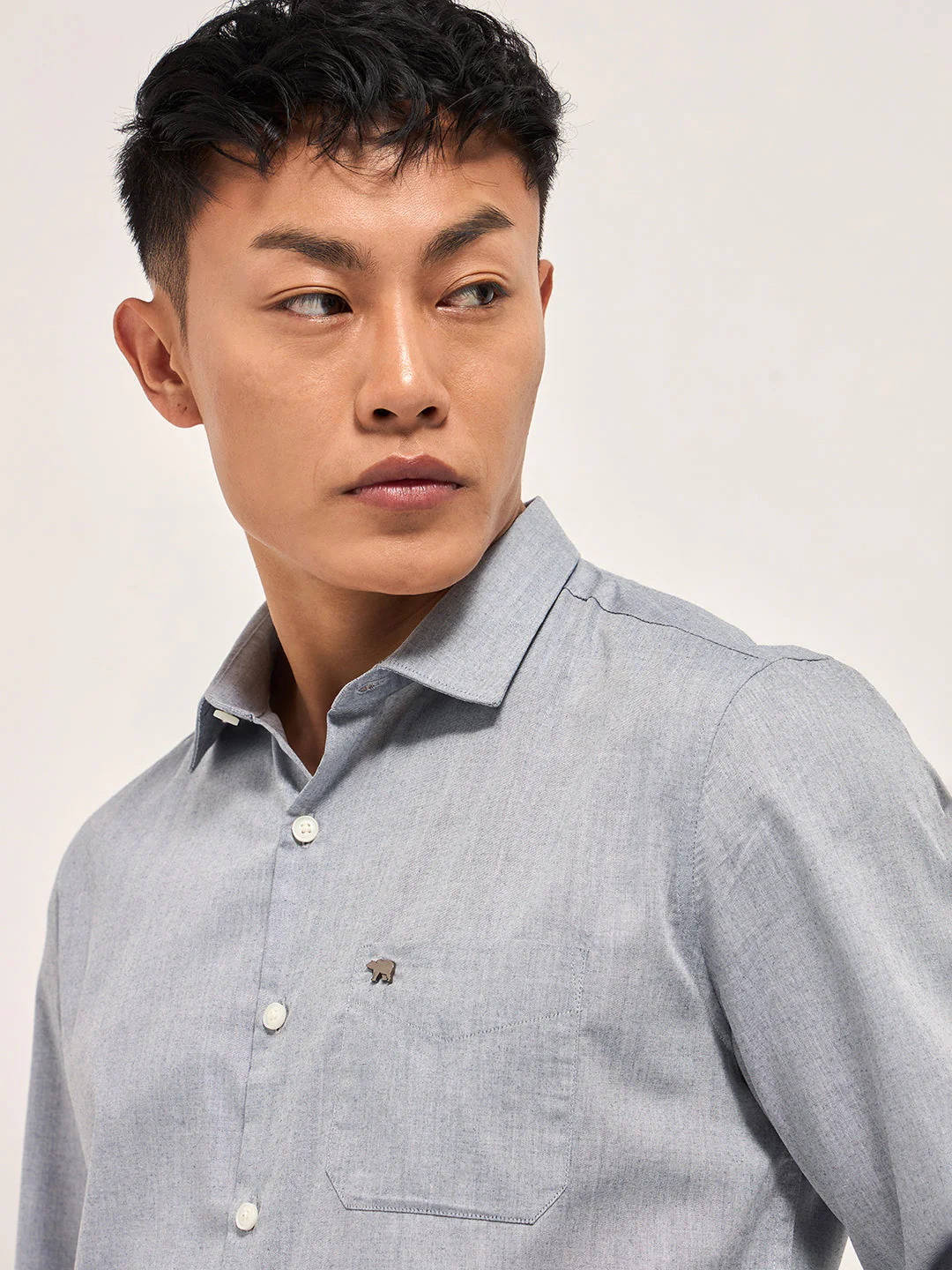 Men Grey Solid Tailored Fit Polyester Blend Formal Shirt - Image 5