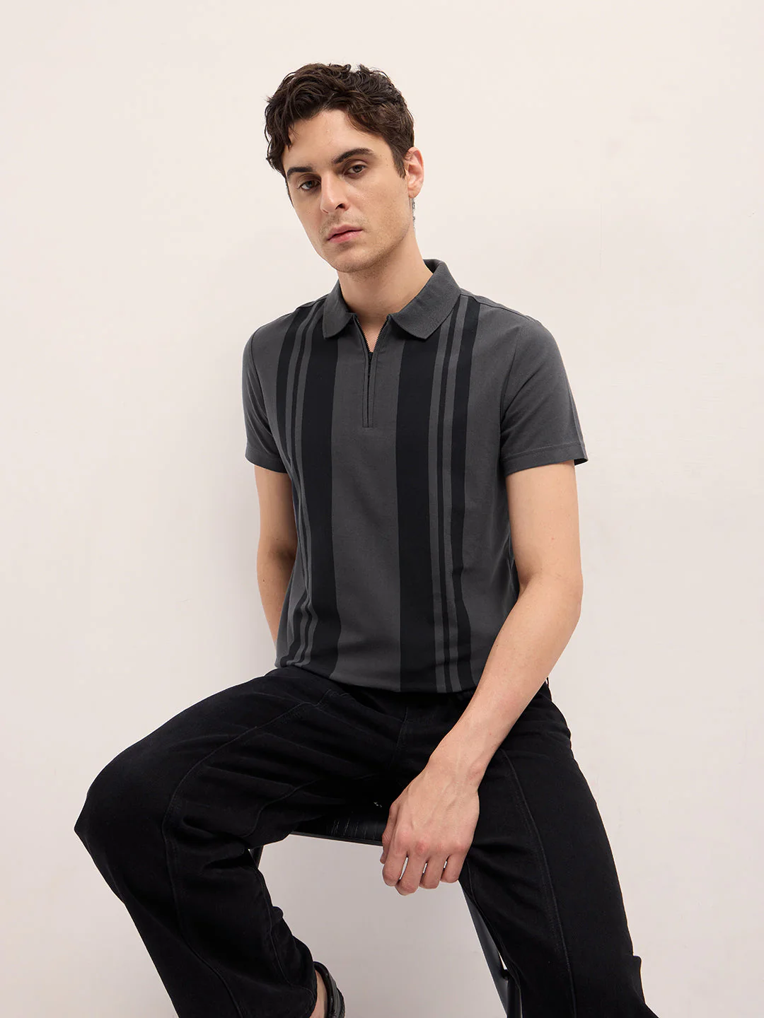 Men Grey Stripe Design Regular Fit Polo