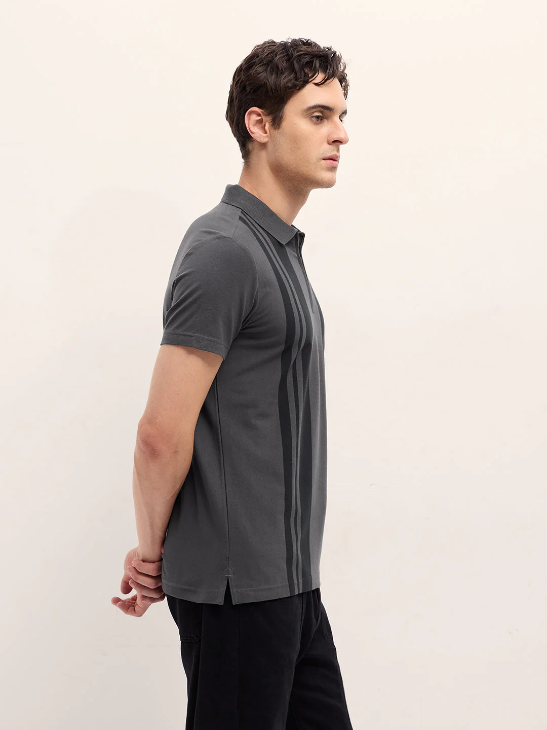 Men Grey Stripe Design Regular Fit Polo - Image 3