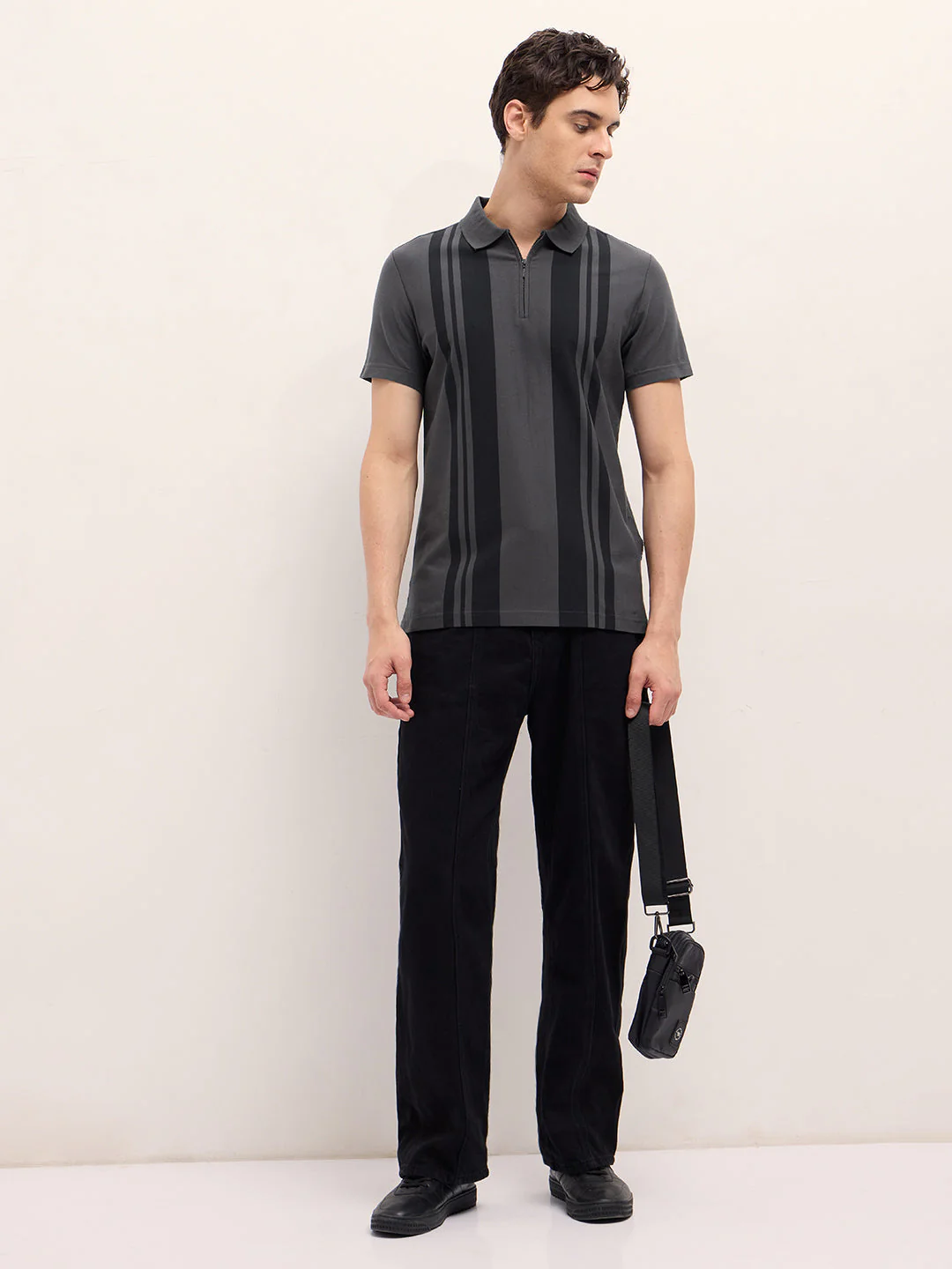 Men Grey Stripe Design Regular Fit Polo - Image 4
