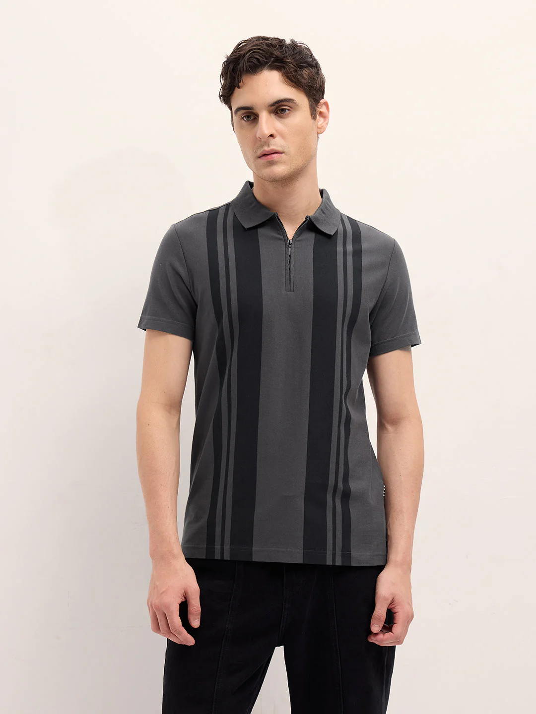 Men Grey Stripe Design Regular Fit Polo - Image 6