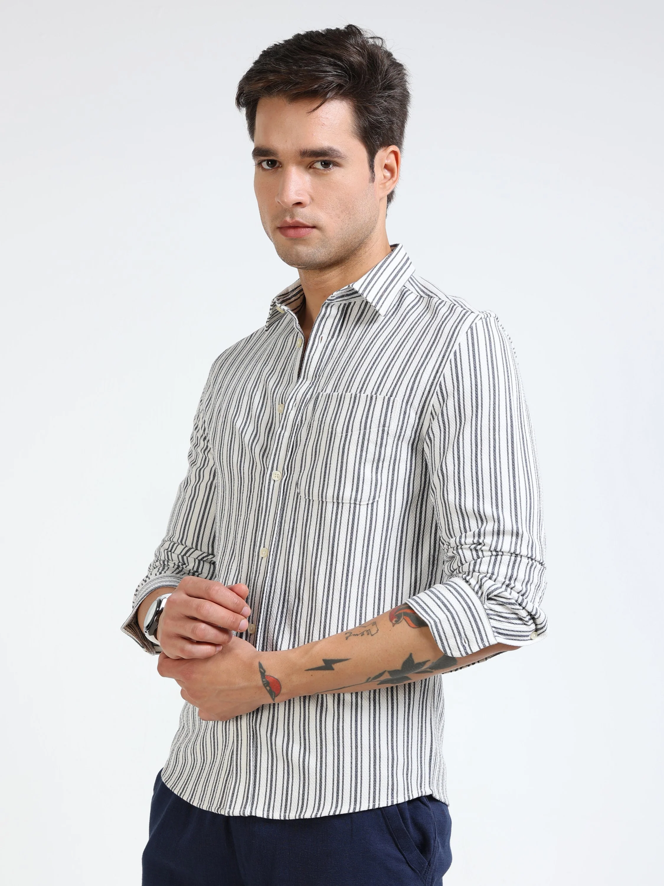 Men Grey Stripe Regular Shirt - Image 5