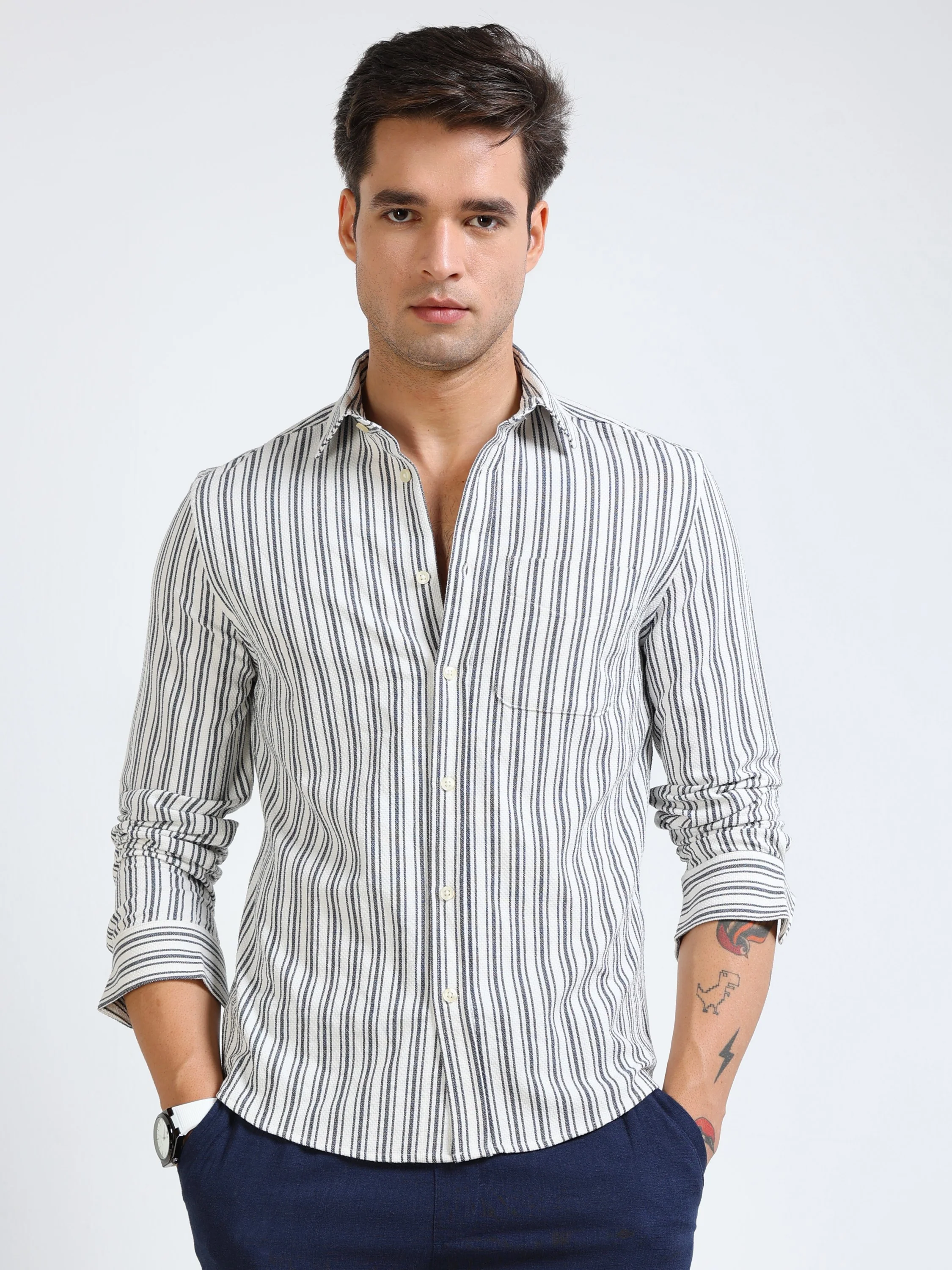 Men Grey Stripe Regular Shirt - Image 7