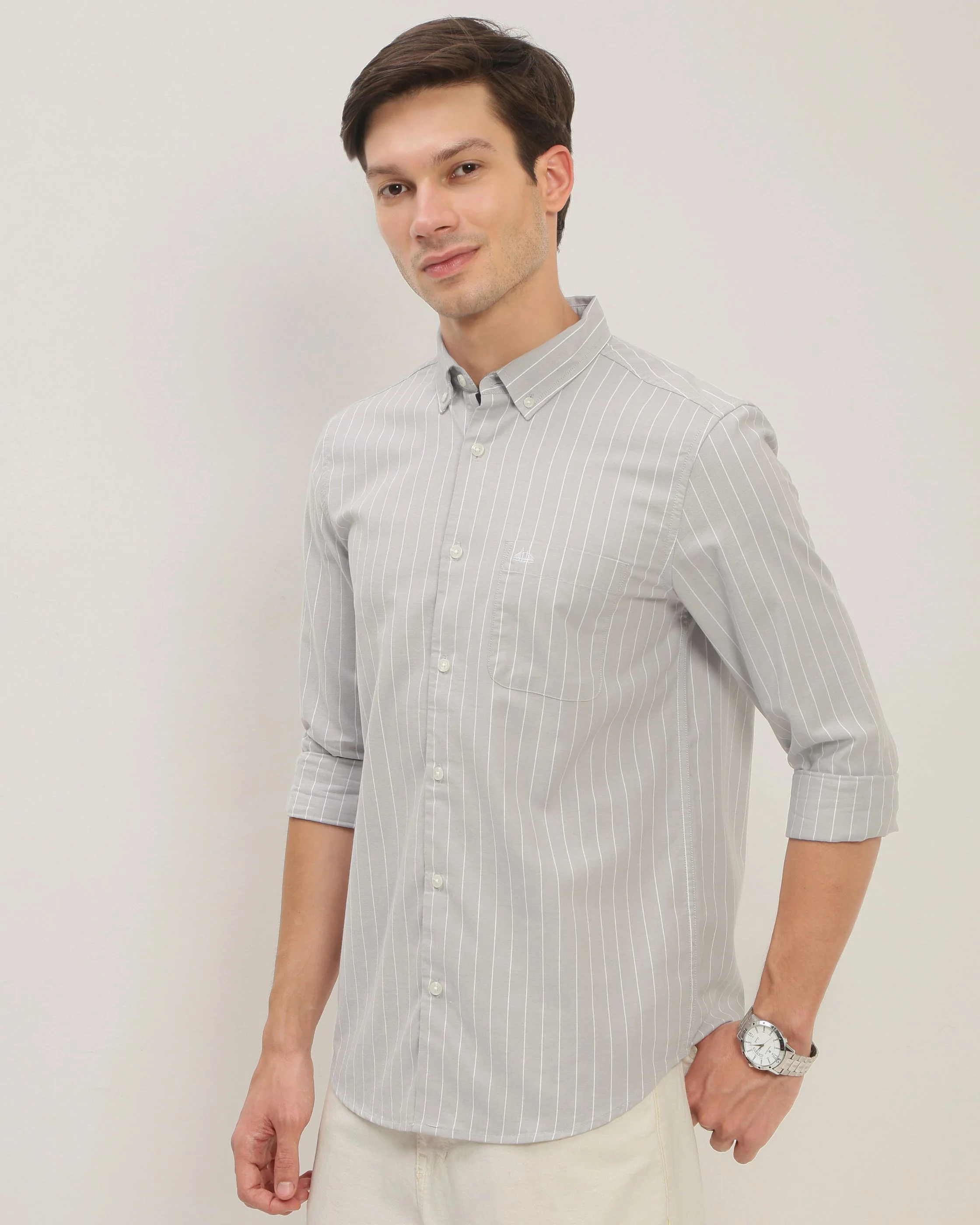 Men Grey Striped Shirt - Image 4