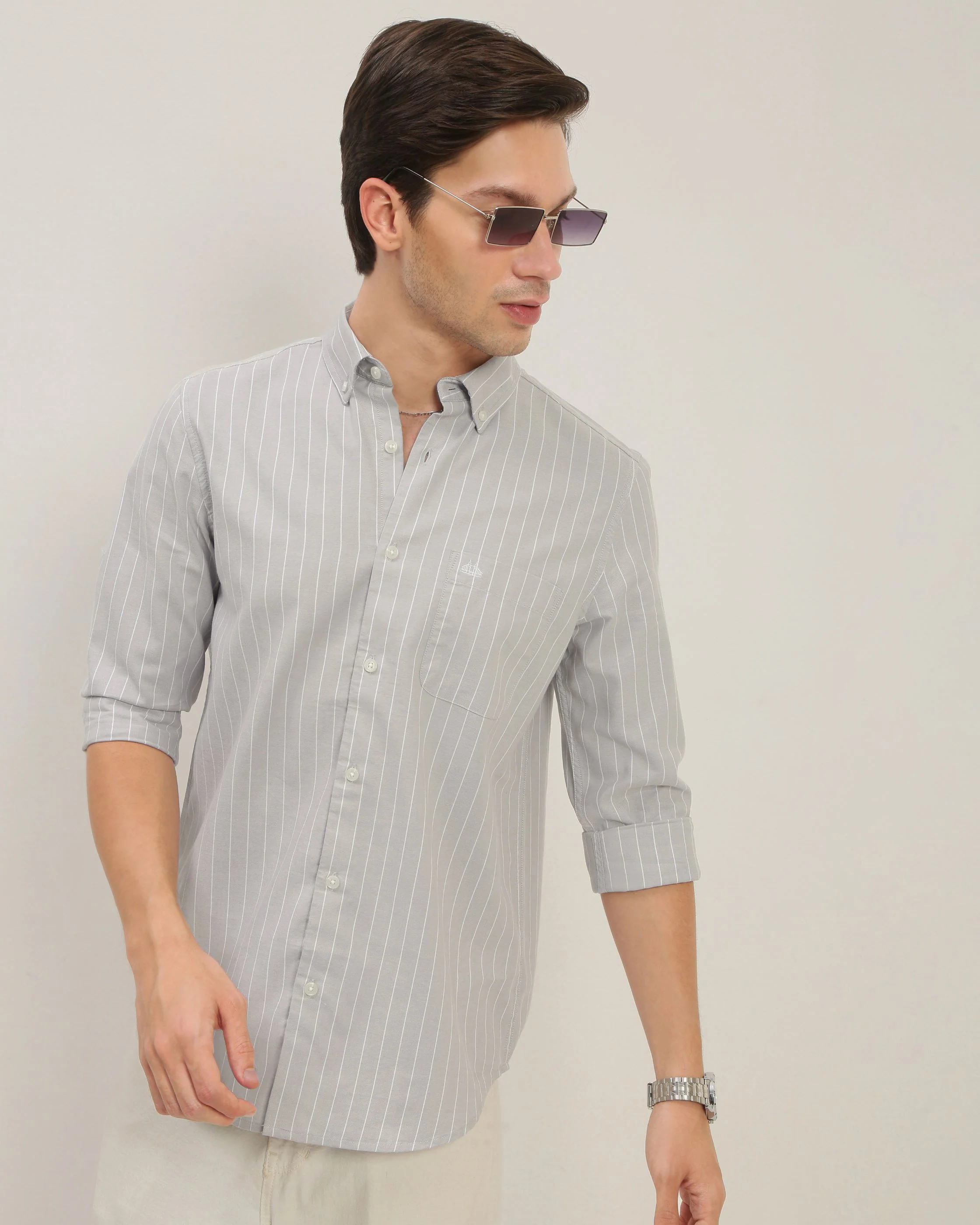 Men Grey Striped Shirt - Image 5