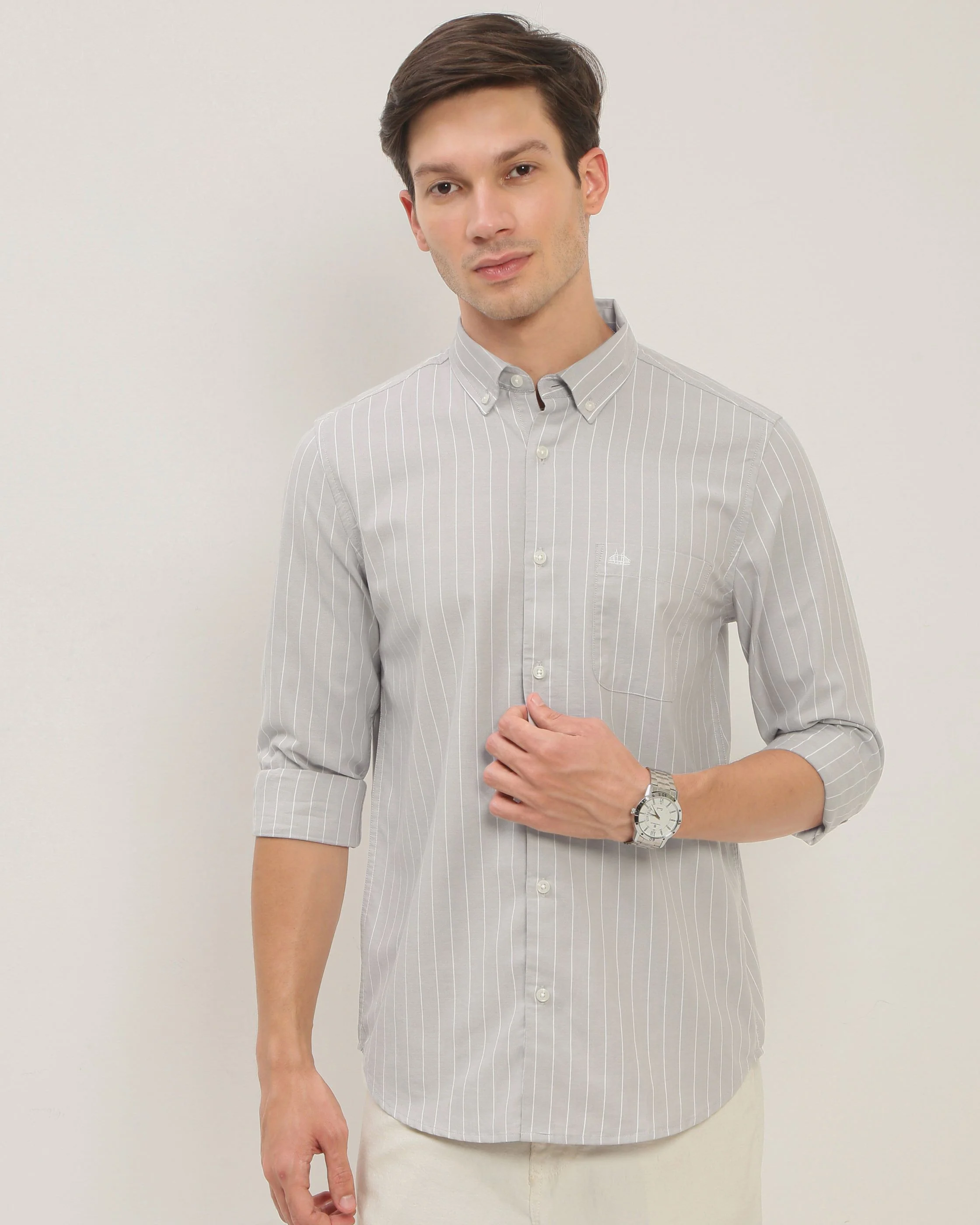 Men Grey Striped Shirt - Image 6