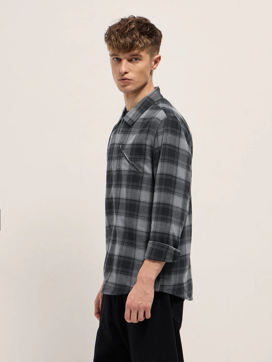 Men Grey Tartan Checked Flannel Shacket - Image 3