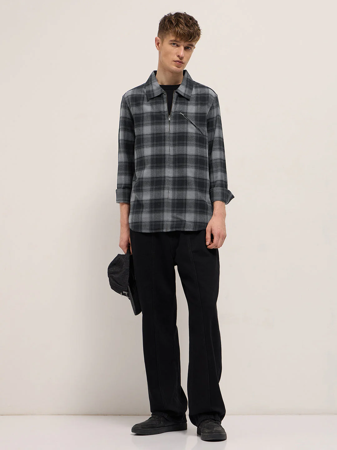 Men Grey Tartan Checked Flannel Shacket - Image 4