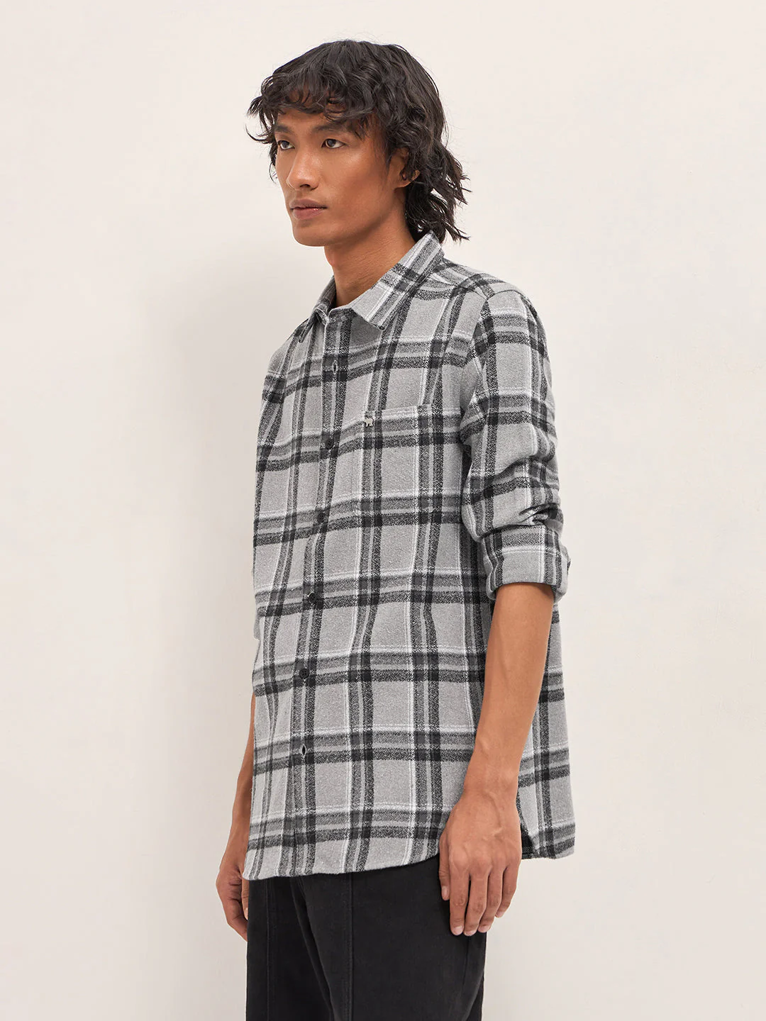 Men Grey Tartan Checked Flannel Slim Fit Casual Shirt - Image 3
