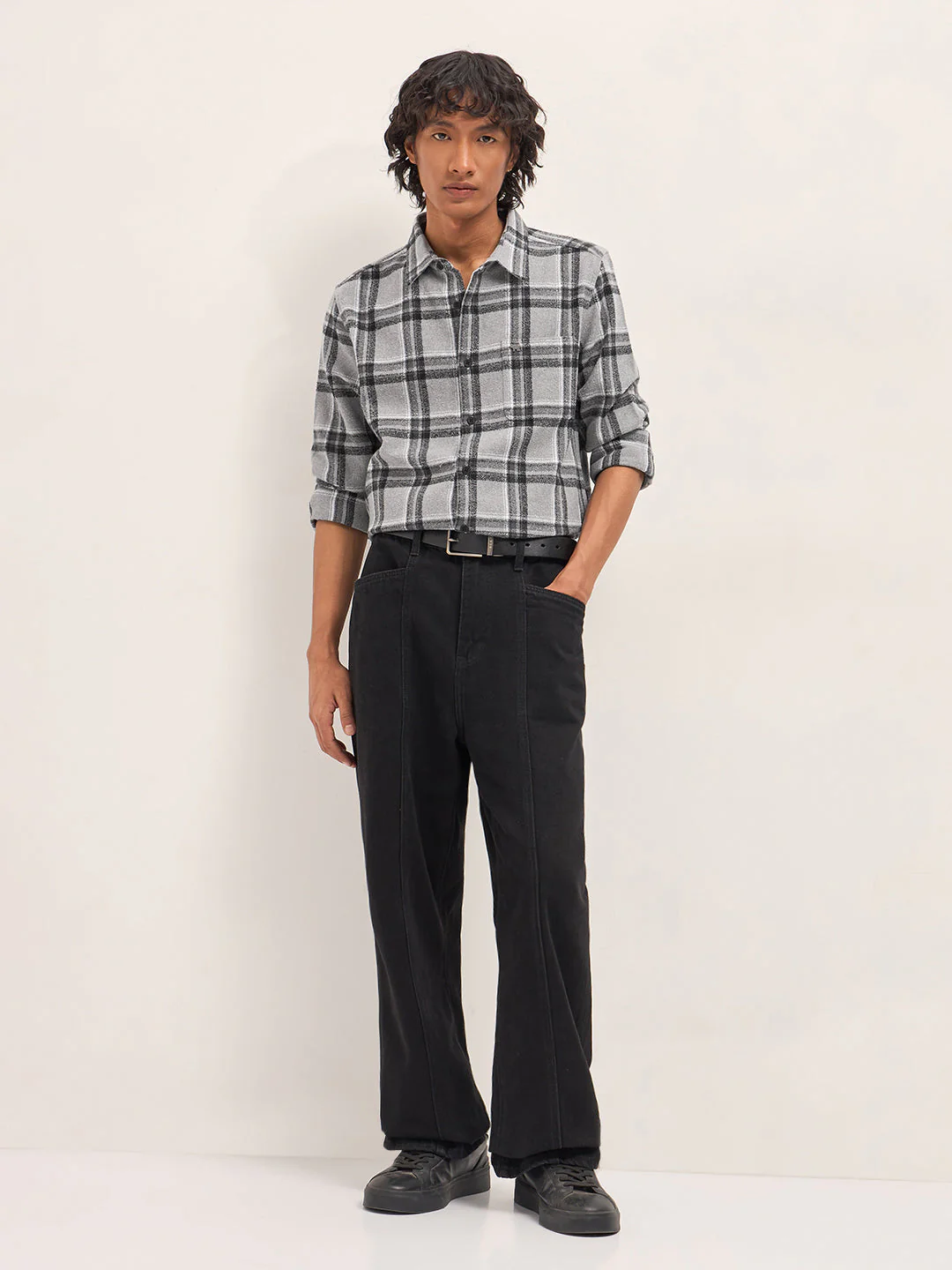 Men Grey Tartan Checked Flannel Slim Fit Casual Shirt - Image 4