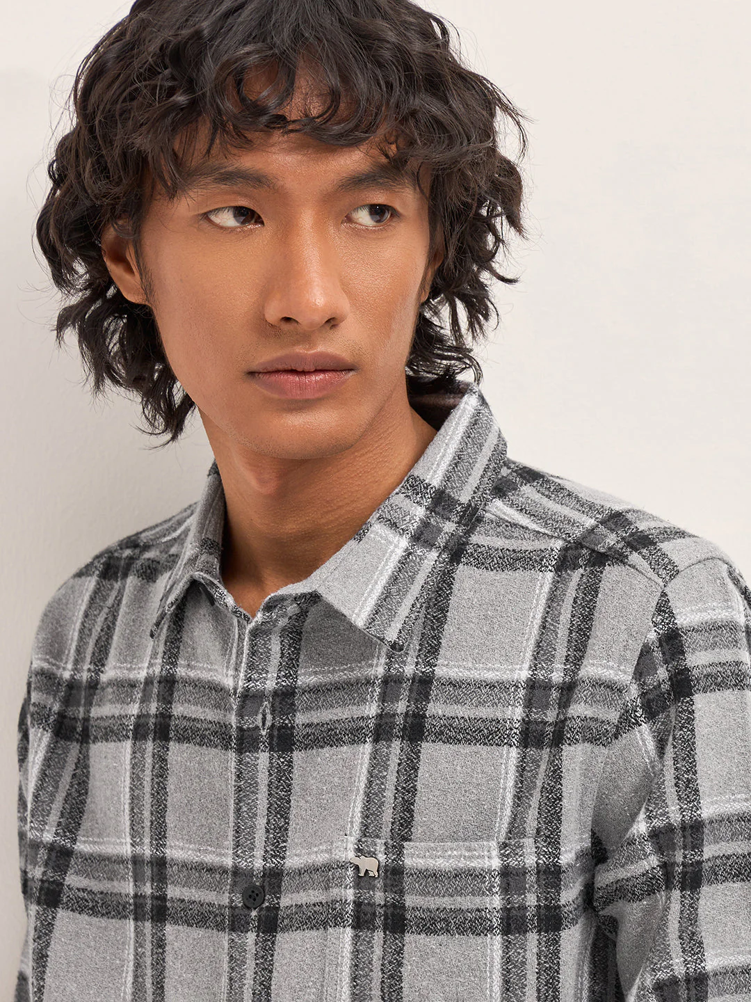Men Grey Tartan Checked Flannel Slim Fit Casual Shirt - Image 5