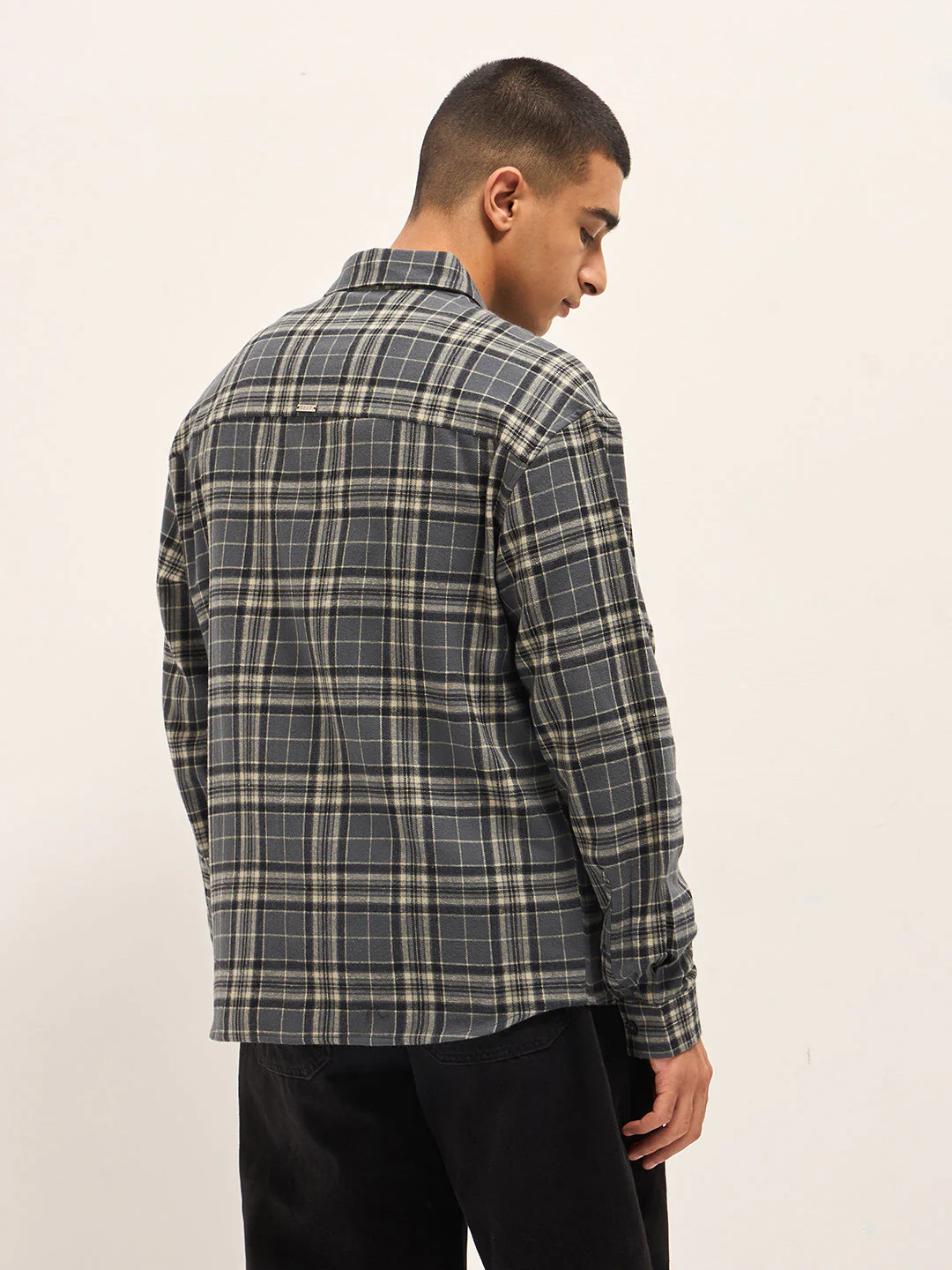 Men Grey Tartan Checked Relax Fit Overshirt - Image 2