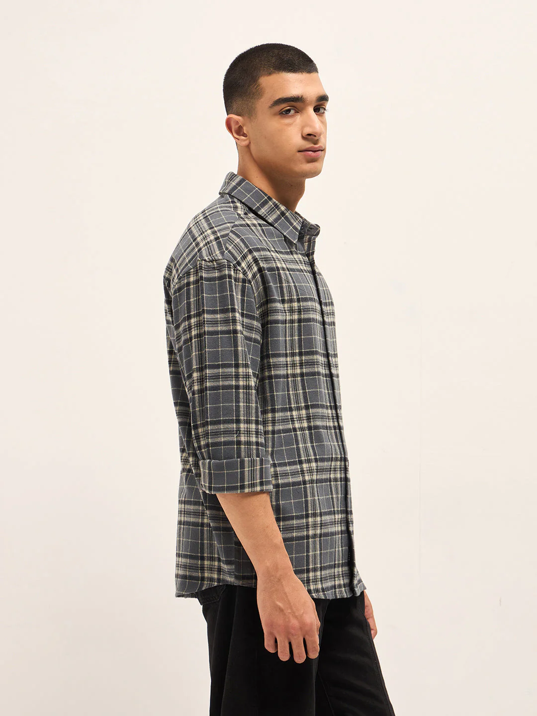 Men Grey Tartan Checked Relax Fit Overshirt - Image 3