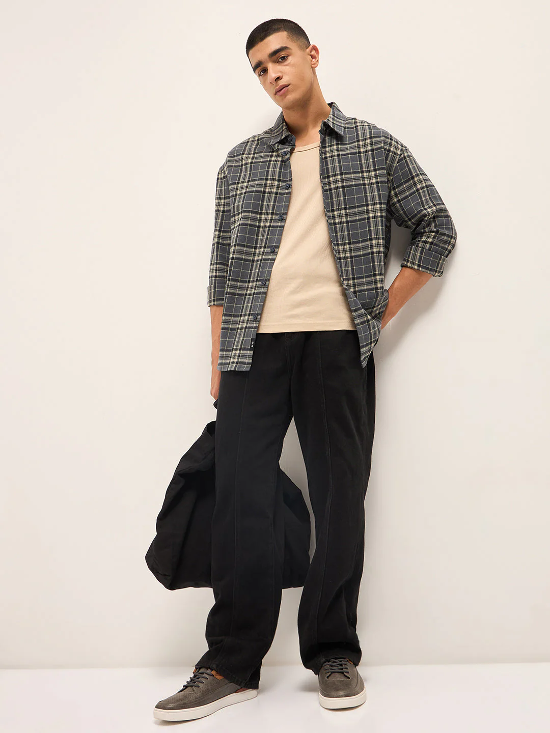 Men Grey Tartan Checked Relax Fit Overshirt - Image 4