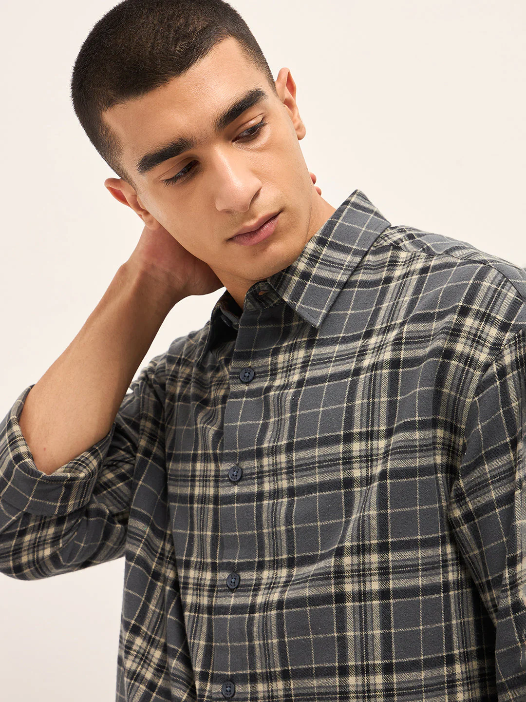Men Grey Tartan Checked Relax Fit Overshirt - Image 5