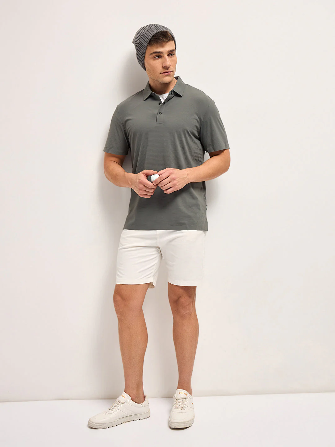 Men Grey Texture Slim Fit Polo T-shirt - Image 4