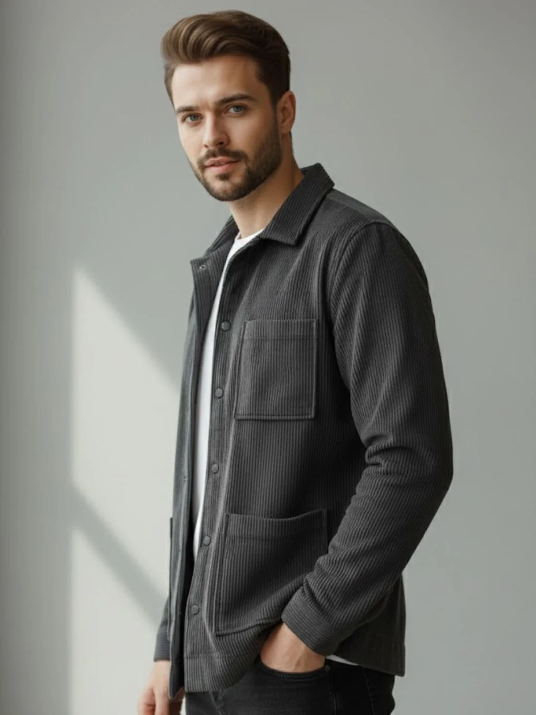 Men Grey Textured Casual Jacket - Image 3