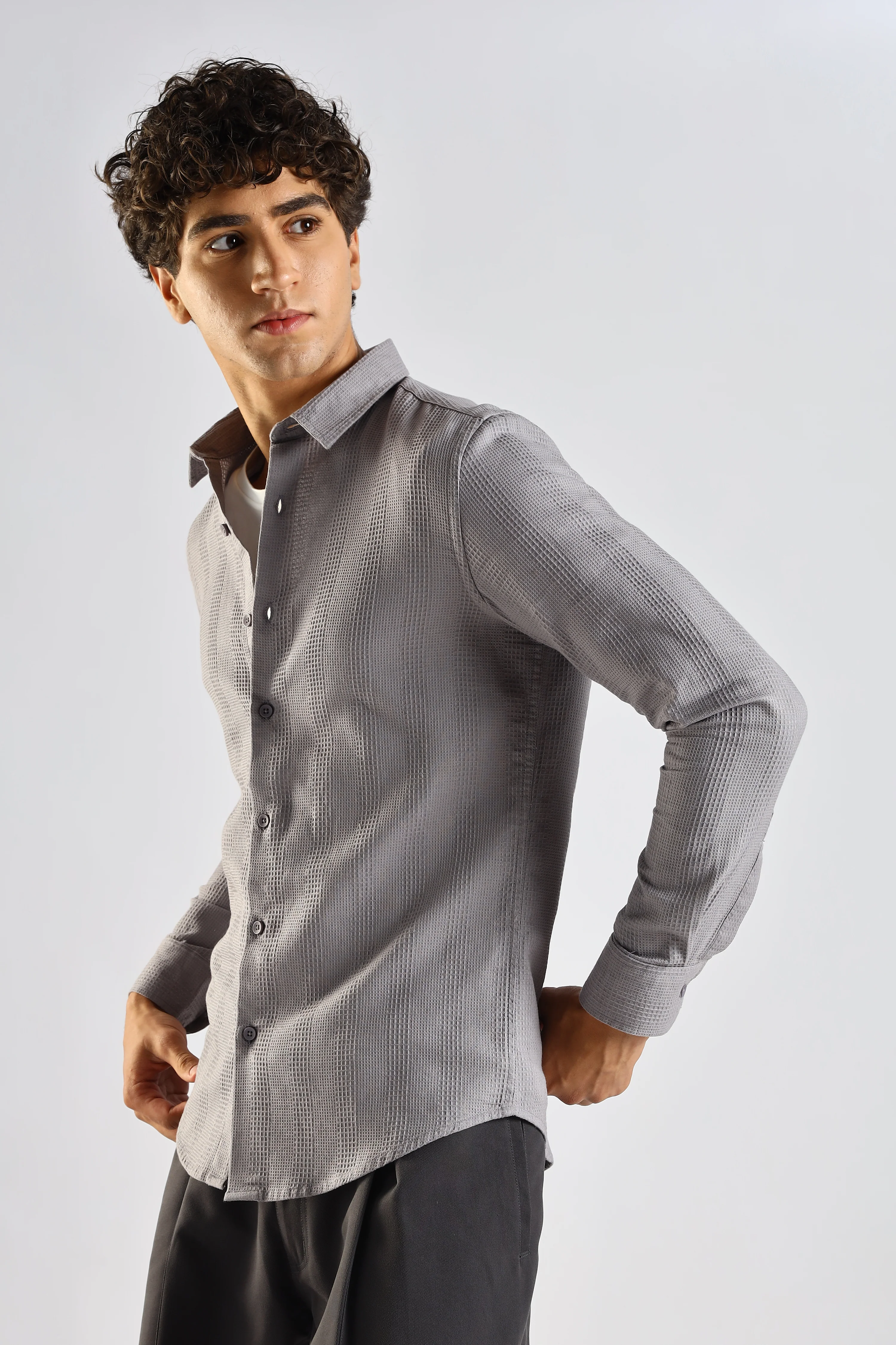 Men Grey Textured Cotton Shirt - Image 6