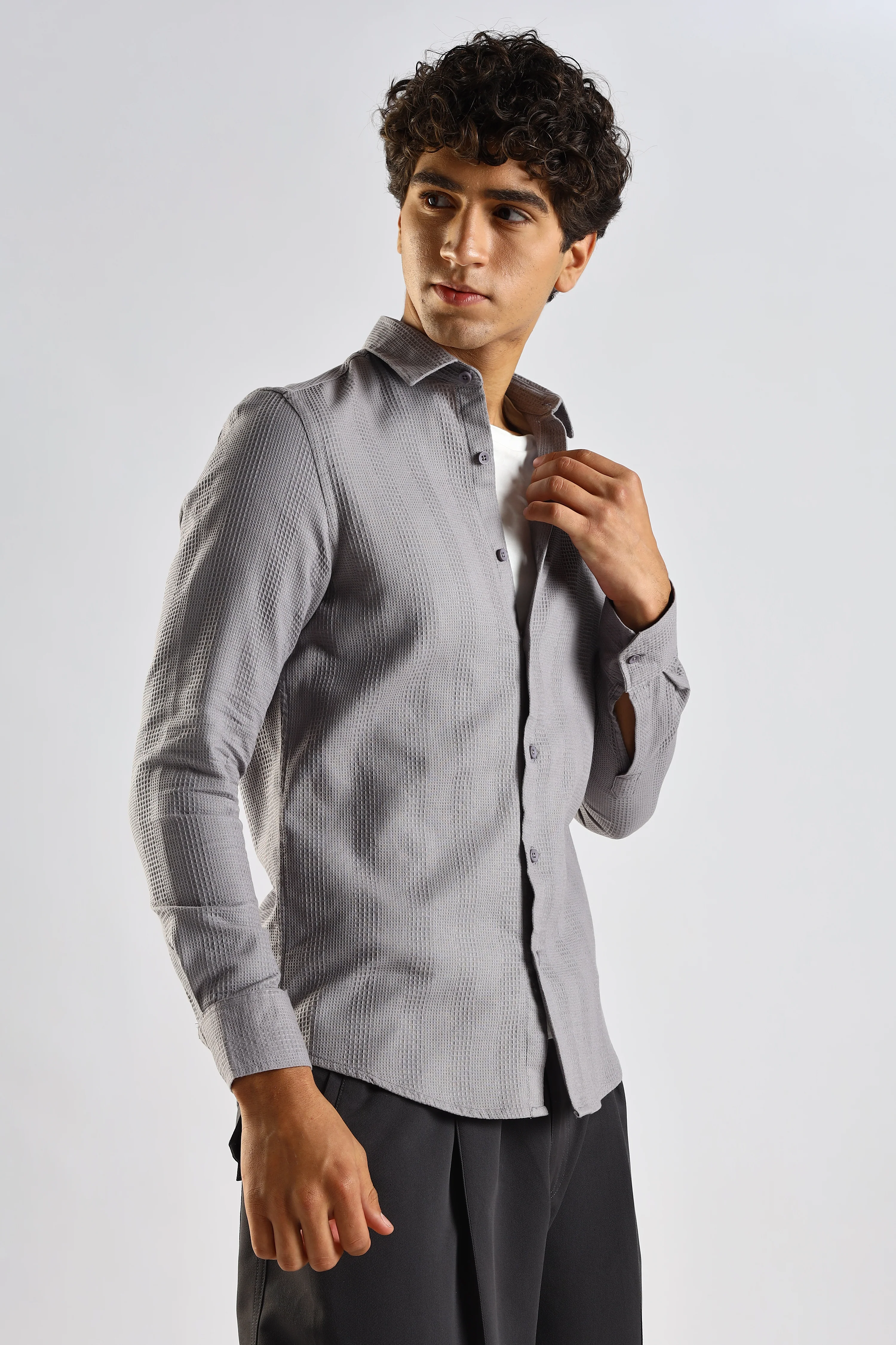 Men Grey Textured Cotton Shirt - Image 9