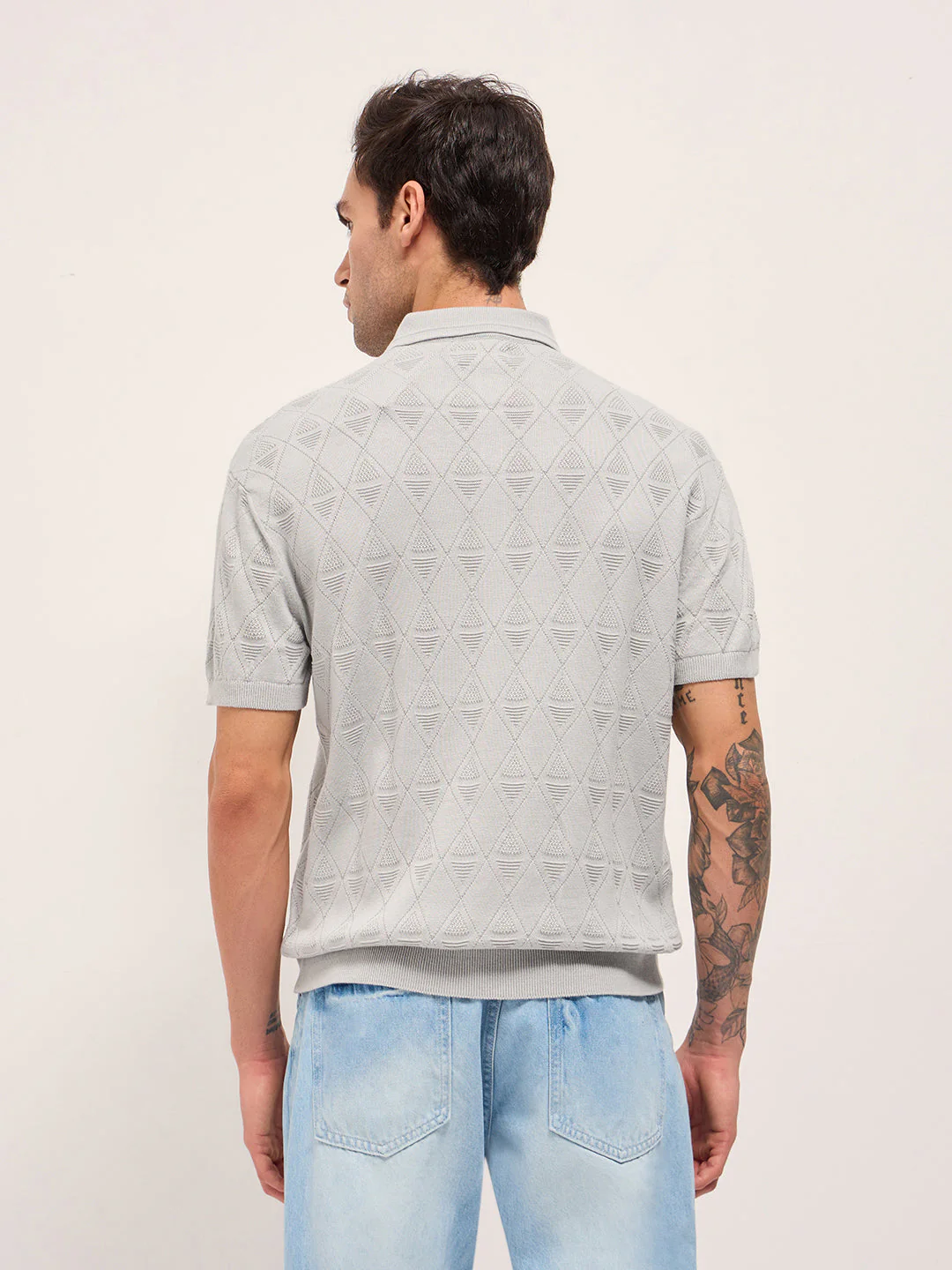 Men Grey Textured Knit Design Regular Fit Polo - Image 2
