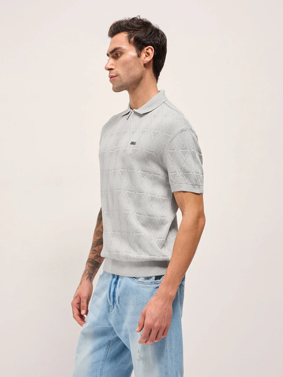 Men Grey Textured Knit Design Regular Fit Polo - Image 3