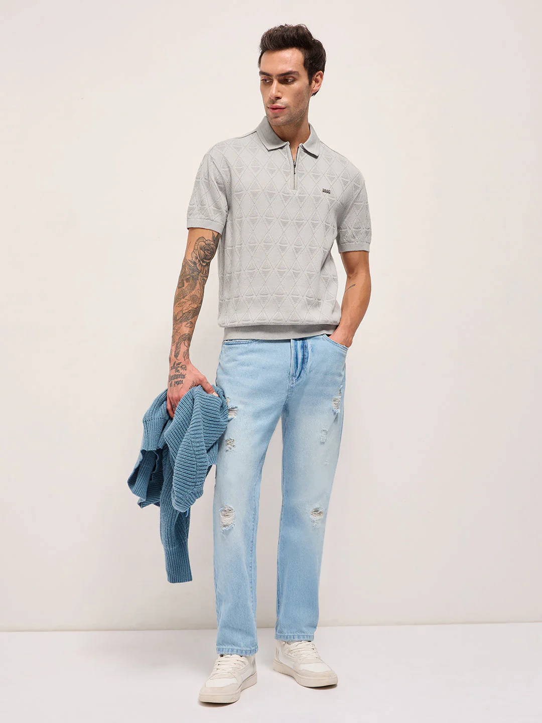 Men Grey Textured Knit Design Regular Fit Polo - Image 4
