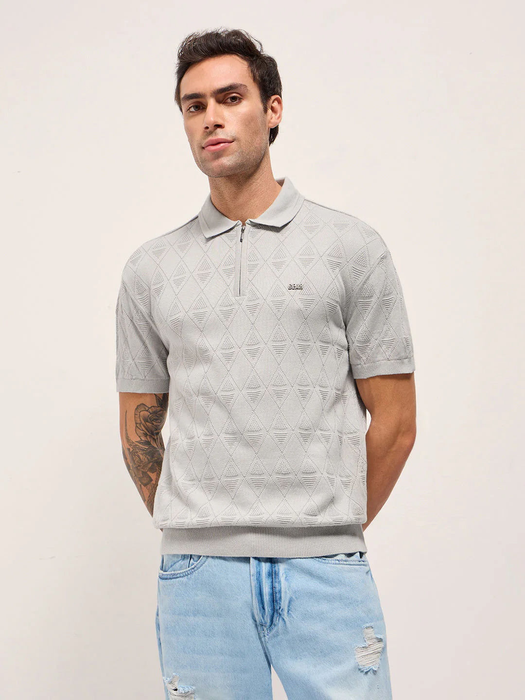 Men Grey Textured Knit Design Regular Fit Polo - Image 6