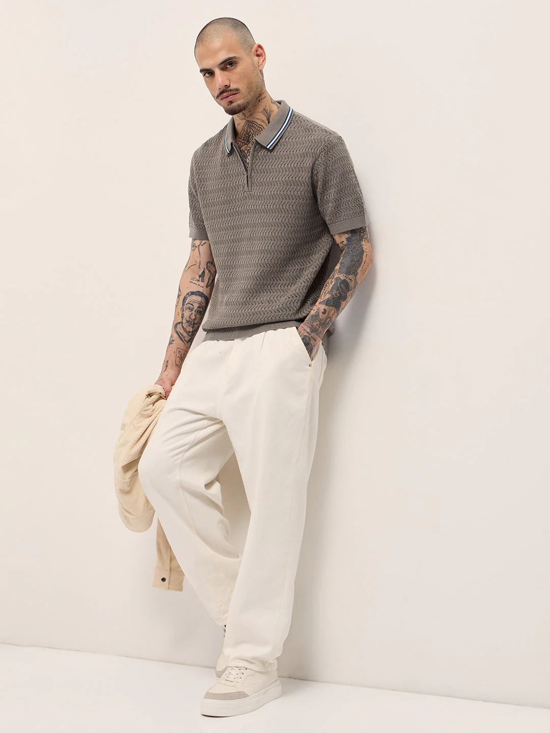 Men Grey Textured Knit Design Regular Fit Polo - Image 4