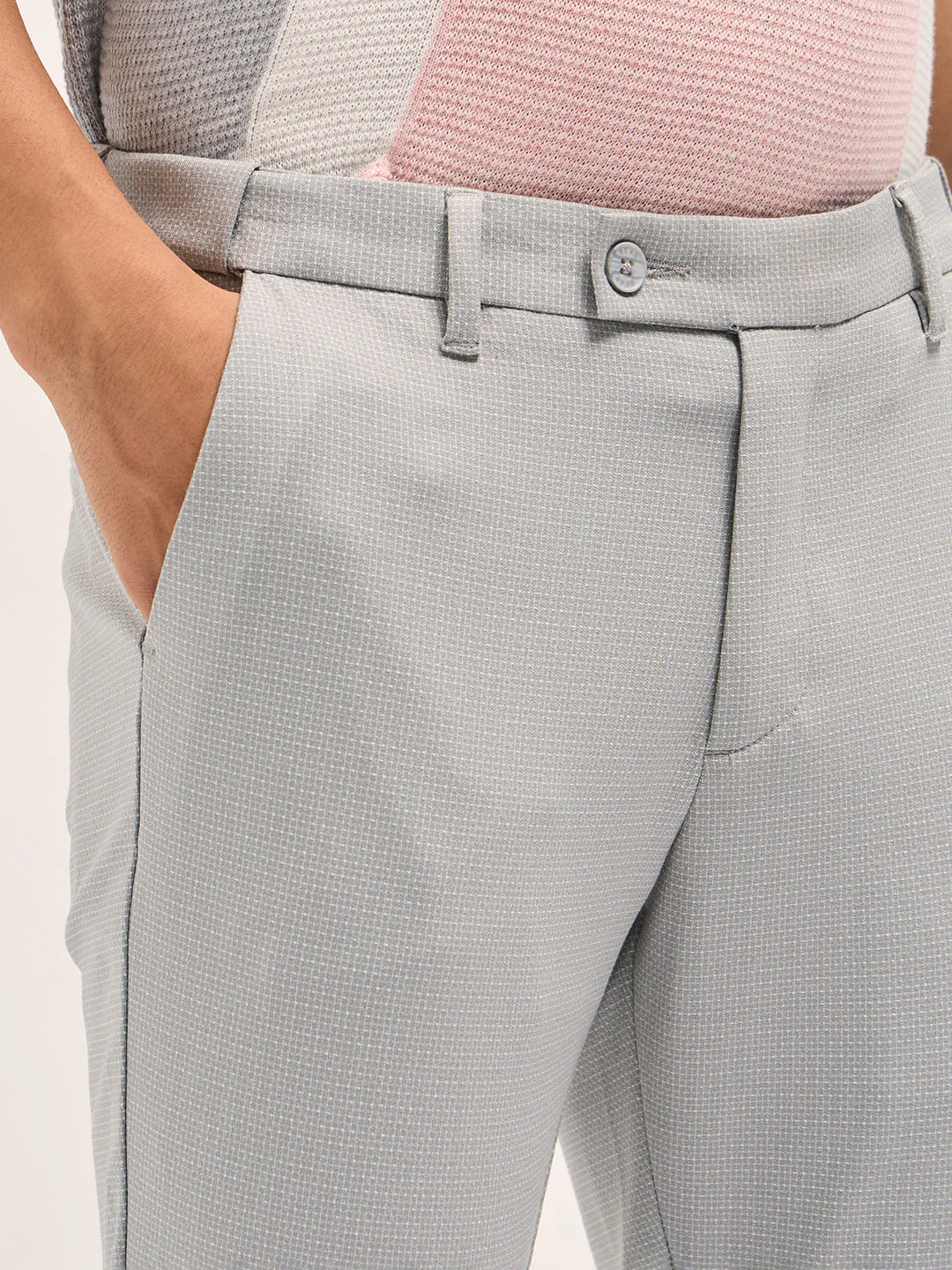Men Grey Textured Polyester Blend Slim Fit Formal Trousers - Image 5