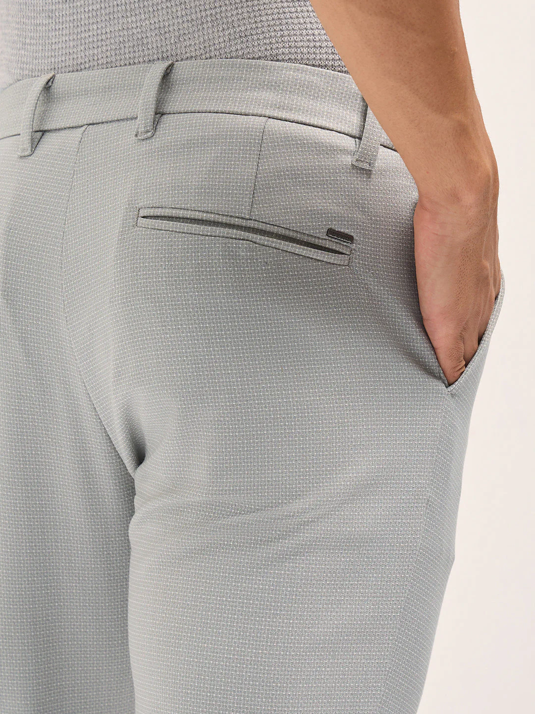 Men Grey Textured Polyester Blend Slim Fit Formal Trousers - Image 6